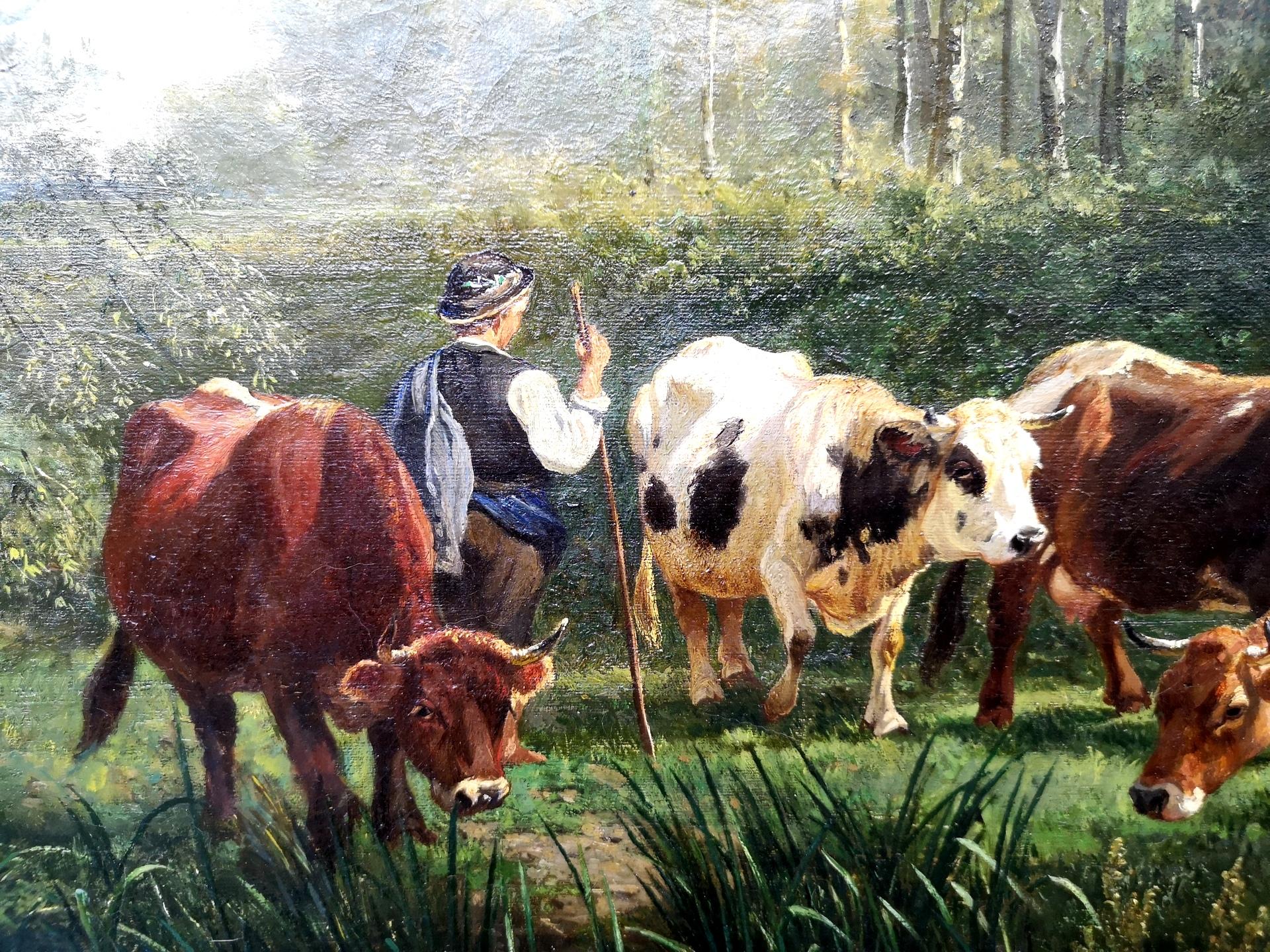 European Pastoral Scene by Gustav Ranzoni, 1881, Oil on Canvas with Gold-Plated Frame