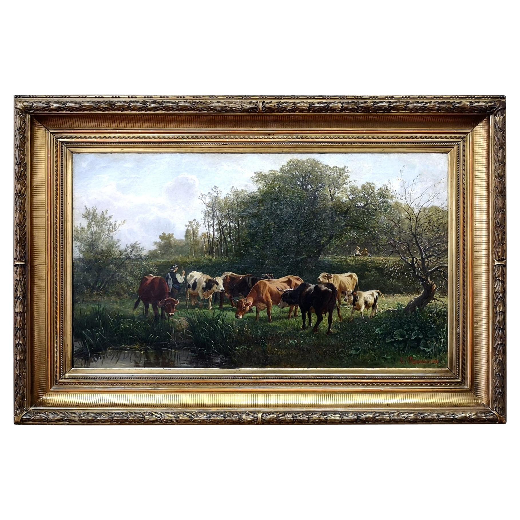 Pastoral Scene by Gustav Ranzoni, 1881, Oil on Canvas with Gold-Plated Frame
