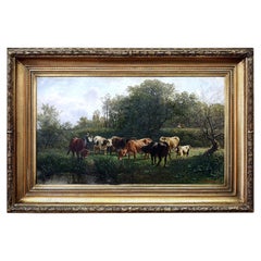 Antique Pastoral Scene by Gustav Ranzoni, 1881, Oil on Canvas with Gold-Plated Frame