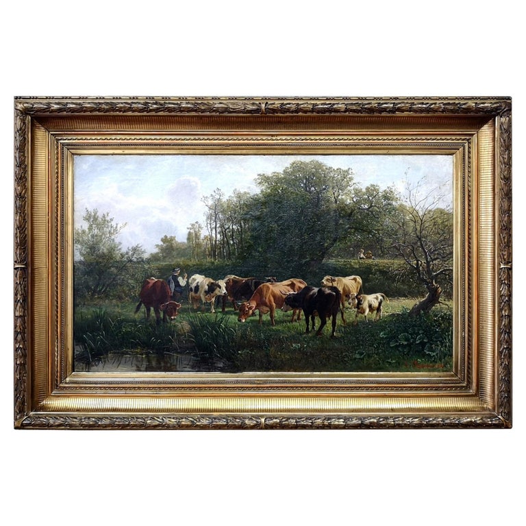 Pastoral Scene by Gustav Ranzoni, 1881, Oil on Canvas with Gold-Plated ...