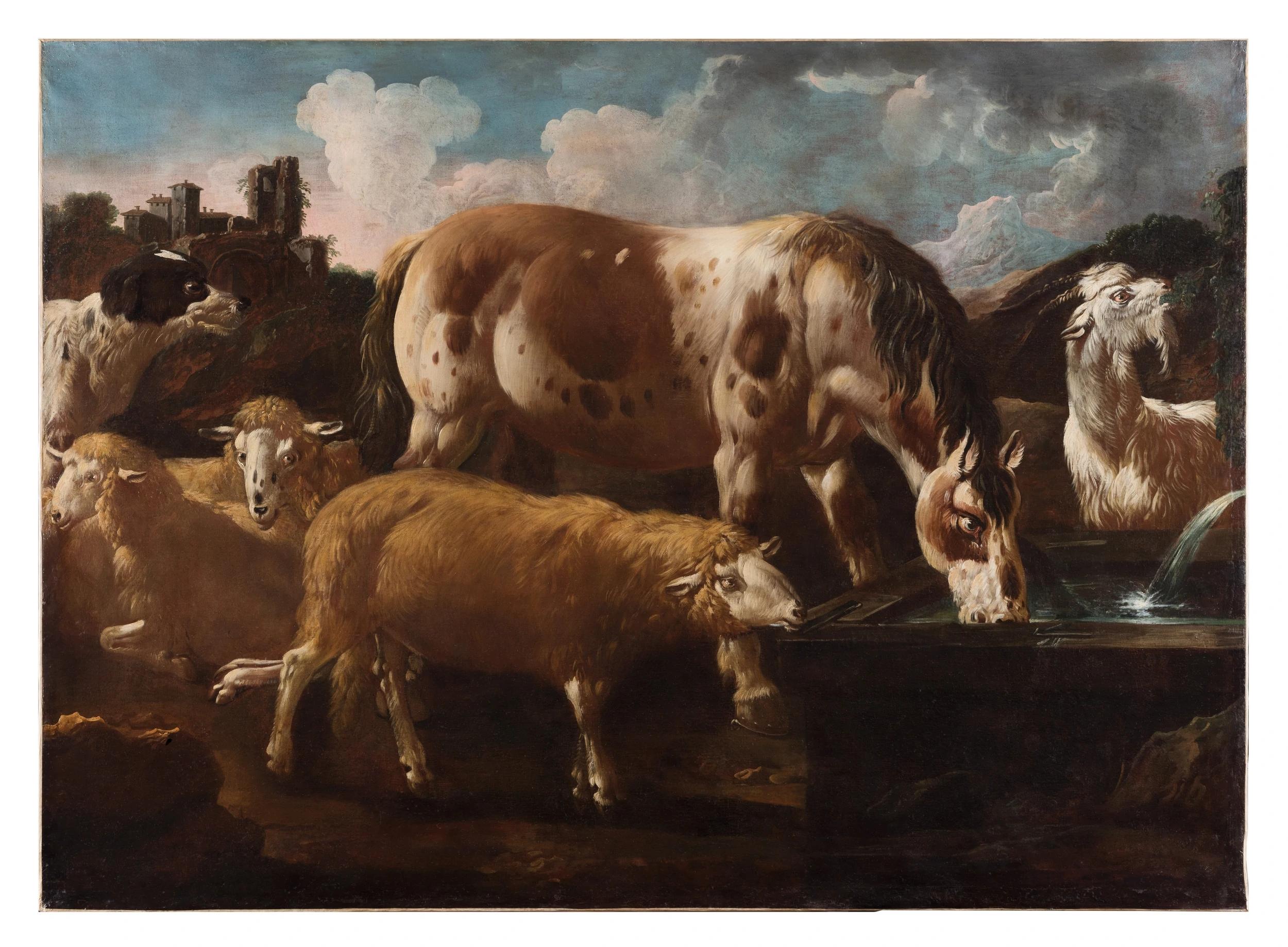 Large oil on canvas depicting farm animals (sheeps, goat, horse, dog) at the watering trough, against a backdrop of a Roman countryside landscape.

Philipp Peter Roos was a German painter and etching artist, later nicknamed Rosa di Tivoli, born in