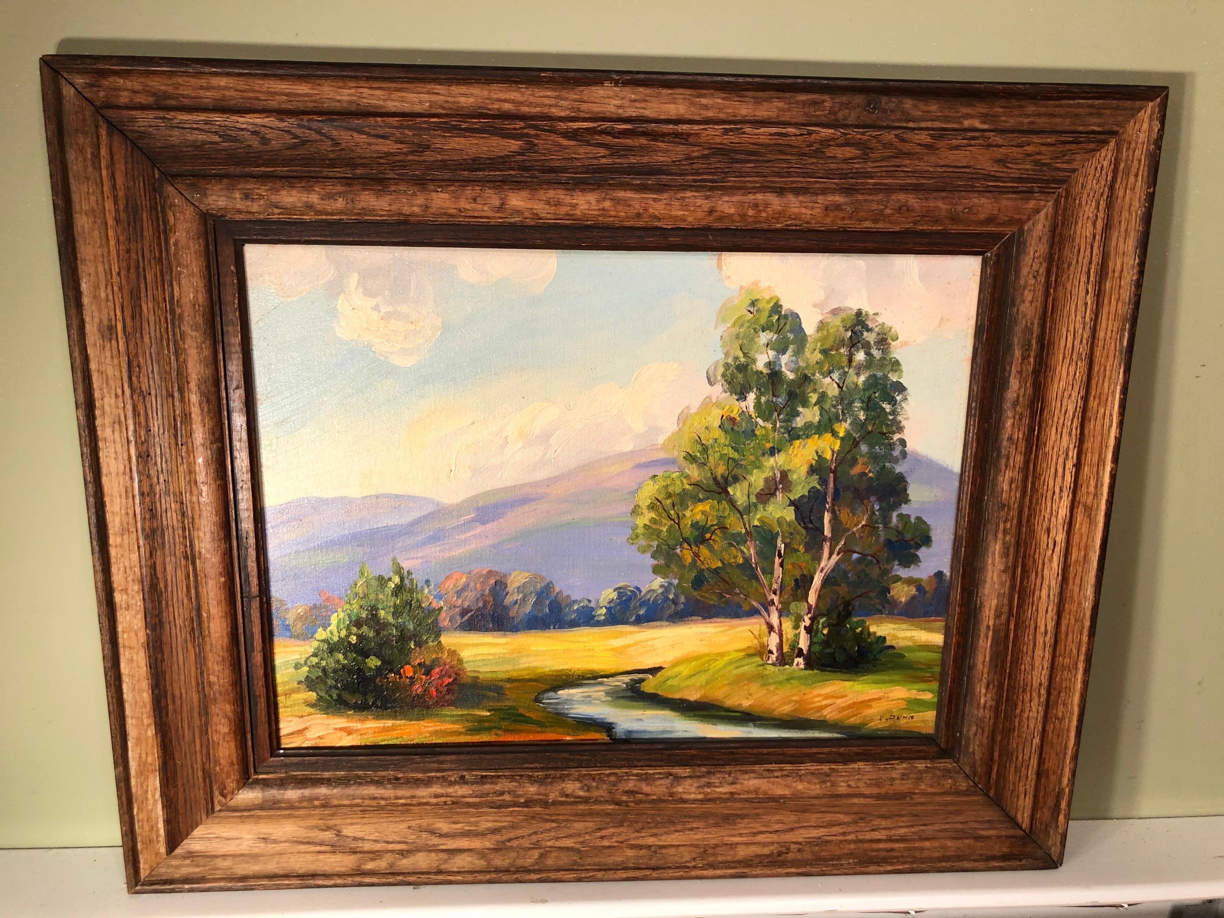 Pastoral scene on canvas by artist Emelene Abbey Dunn
Bucolic field of dreams in a solid wooden oak frame.
Emelene Abbey Dunn (1859-1929)

 Emelene Abbey Dunn.  Born in Rochester on May 26, 1859, Miss Dunn was the daughter of Samuel and Harriet