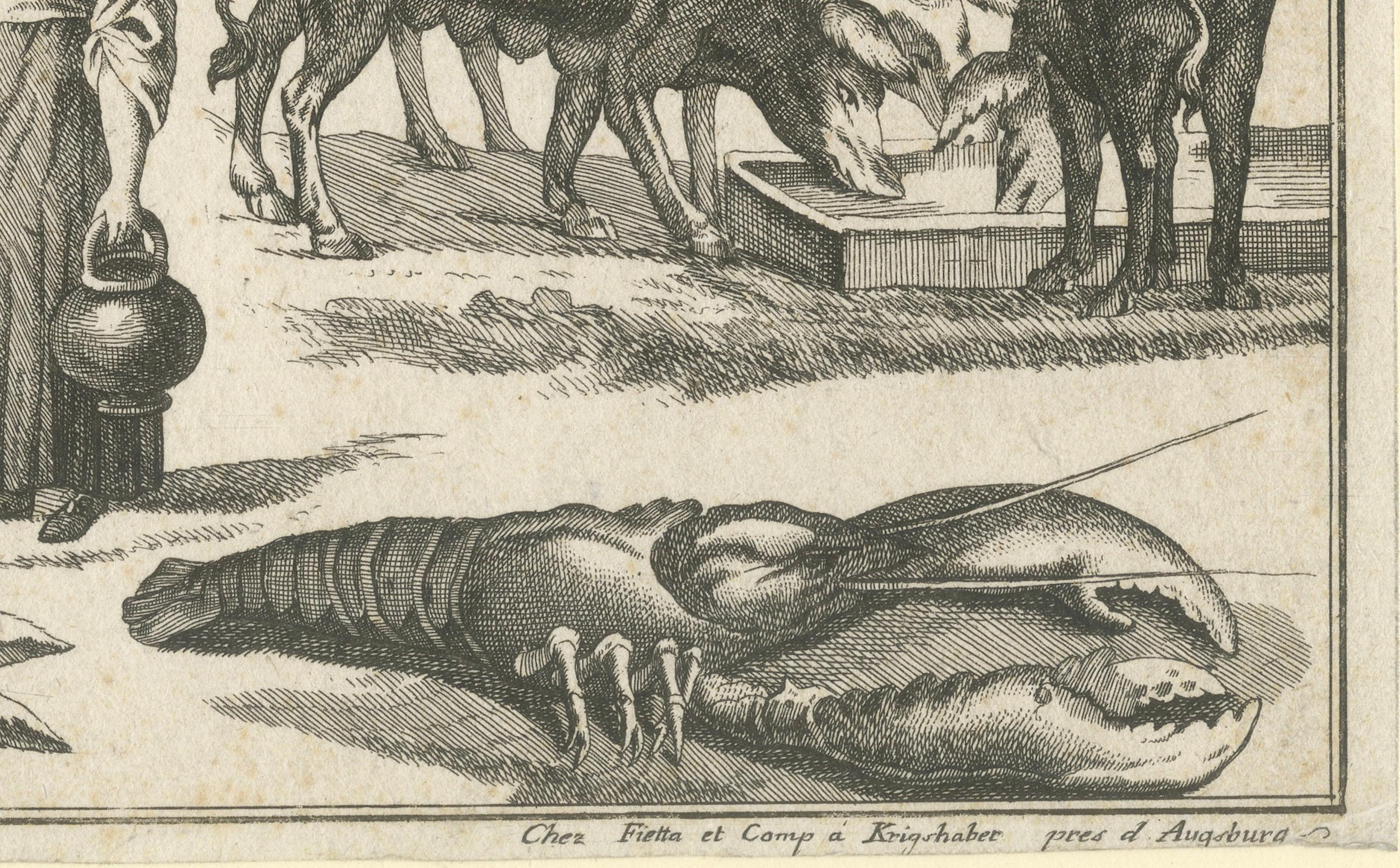 The image is a copper engraving from around 1770. It depicts various scenes involving animals and a person. Here’s a detailed description of the different elements in the engraving:

1. Top Left Corner: A person, likely a woman, is riding a horse.