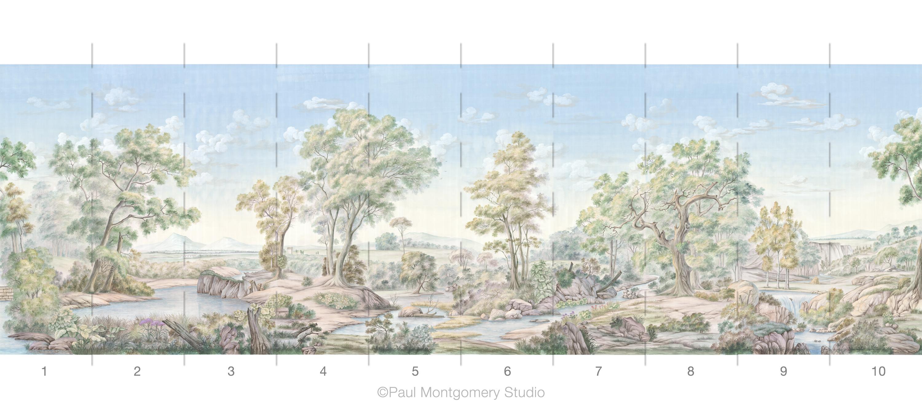 Pastorale Watercolor wallpaper mural is a scenic landscape in soft tones and washes.  hand painted in the 