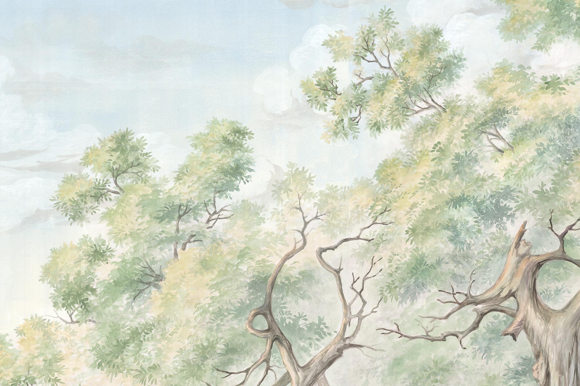 Hand-Painted Pastorale Watercolor Panoramic Wallpaper Mural For Sale