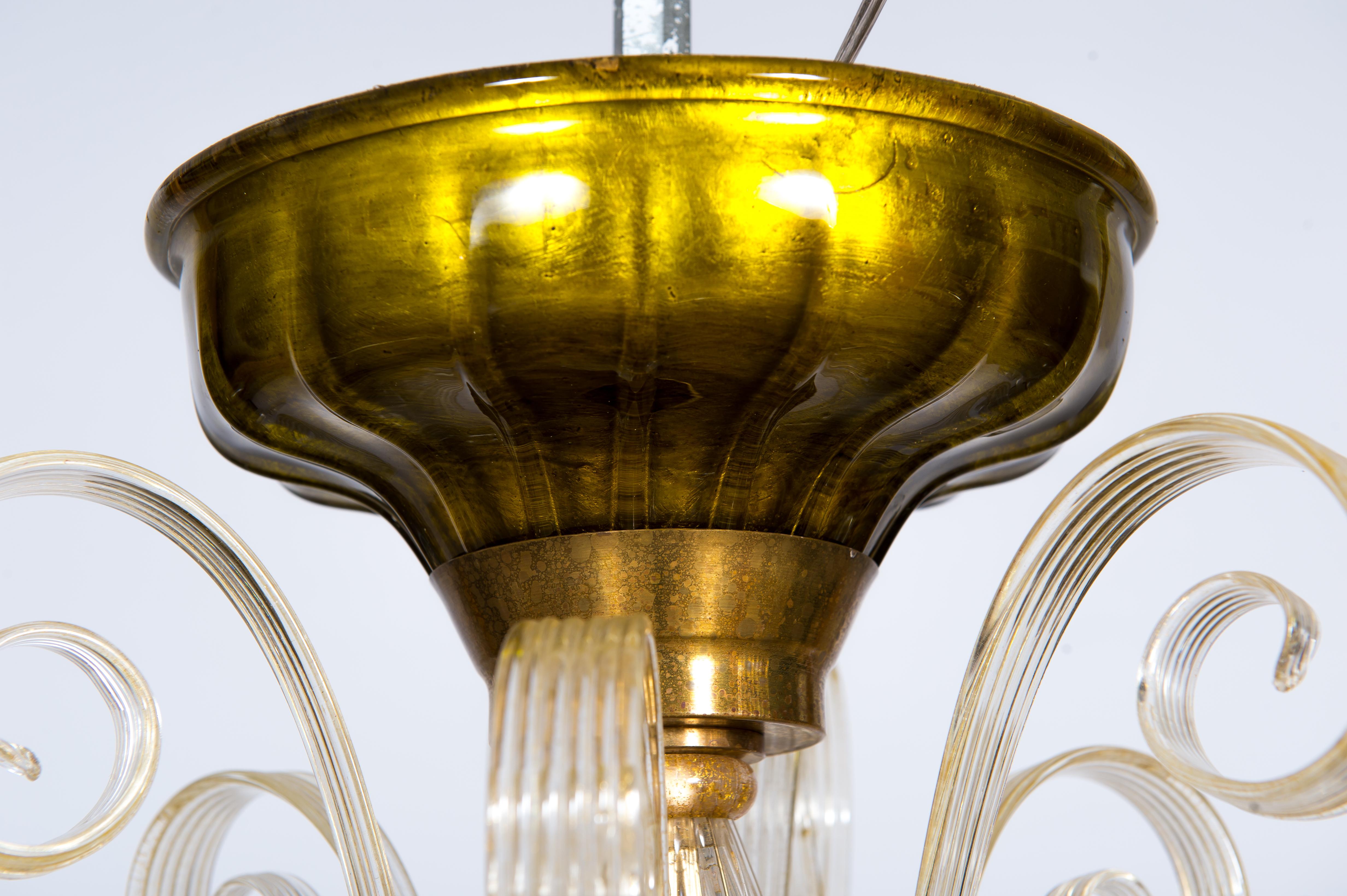 Brass Chandelier with Crosiers in Clear Murano Glass and Golden Leaf Italy 1970s For Sale 2