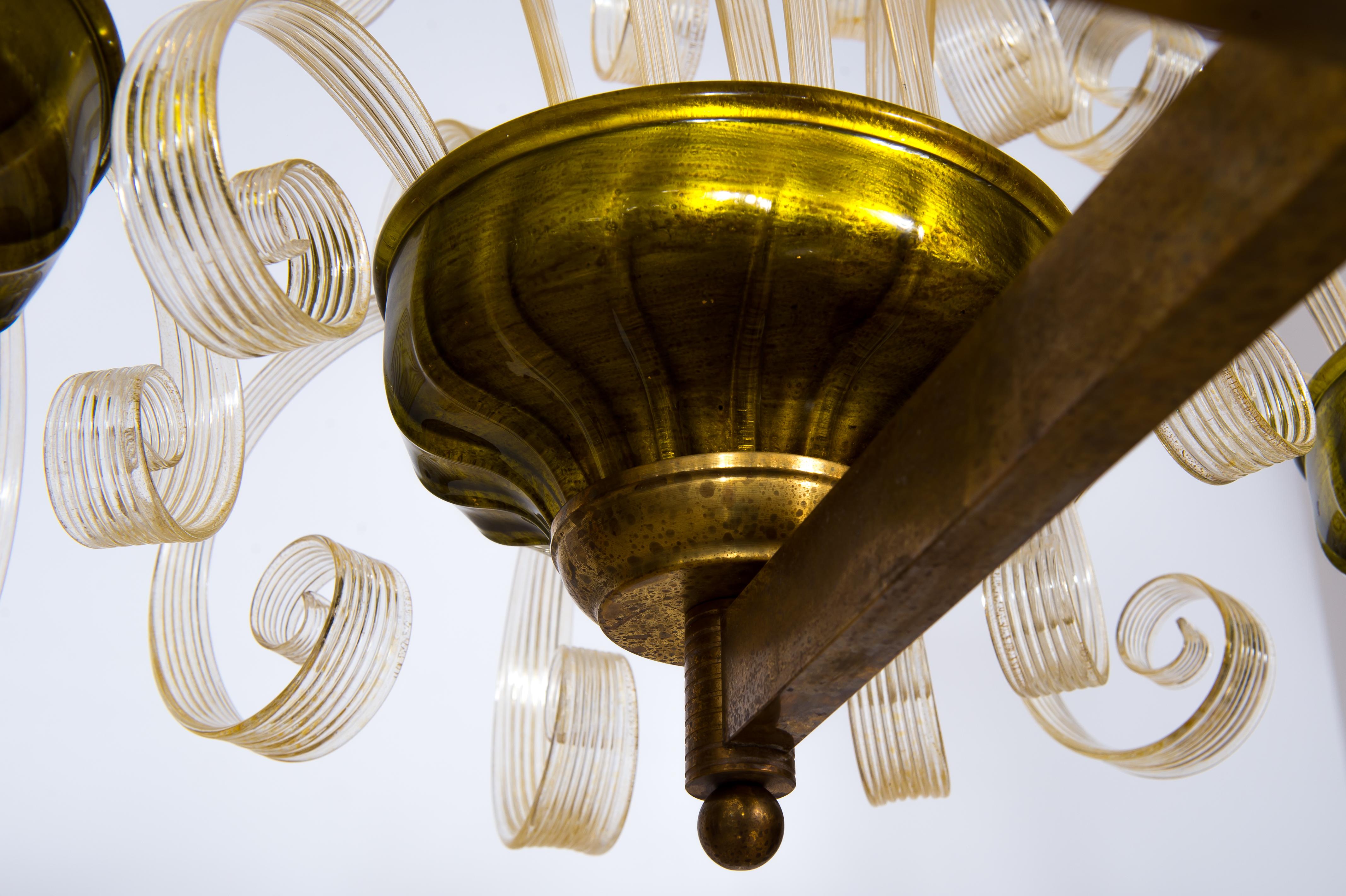 Brass Chandelier with Crosiers in Clear Murano Glass and Golden Leaf Italy 1970s For Sale 5