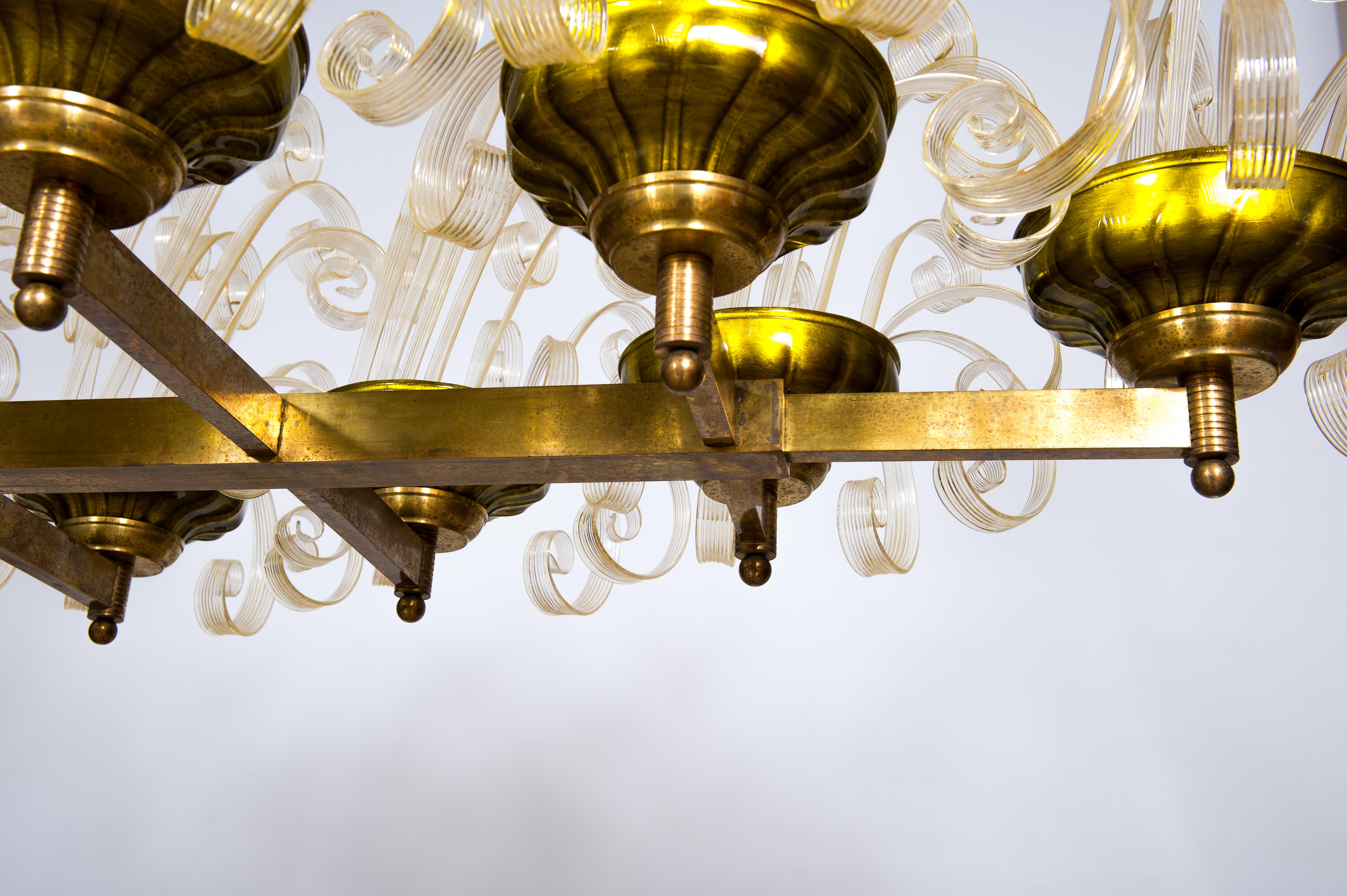 Brass Chandelier with Crosiers in Clear Murano Glass and Golden Leaf Italy 1970s For Sale 6