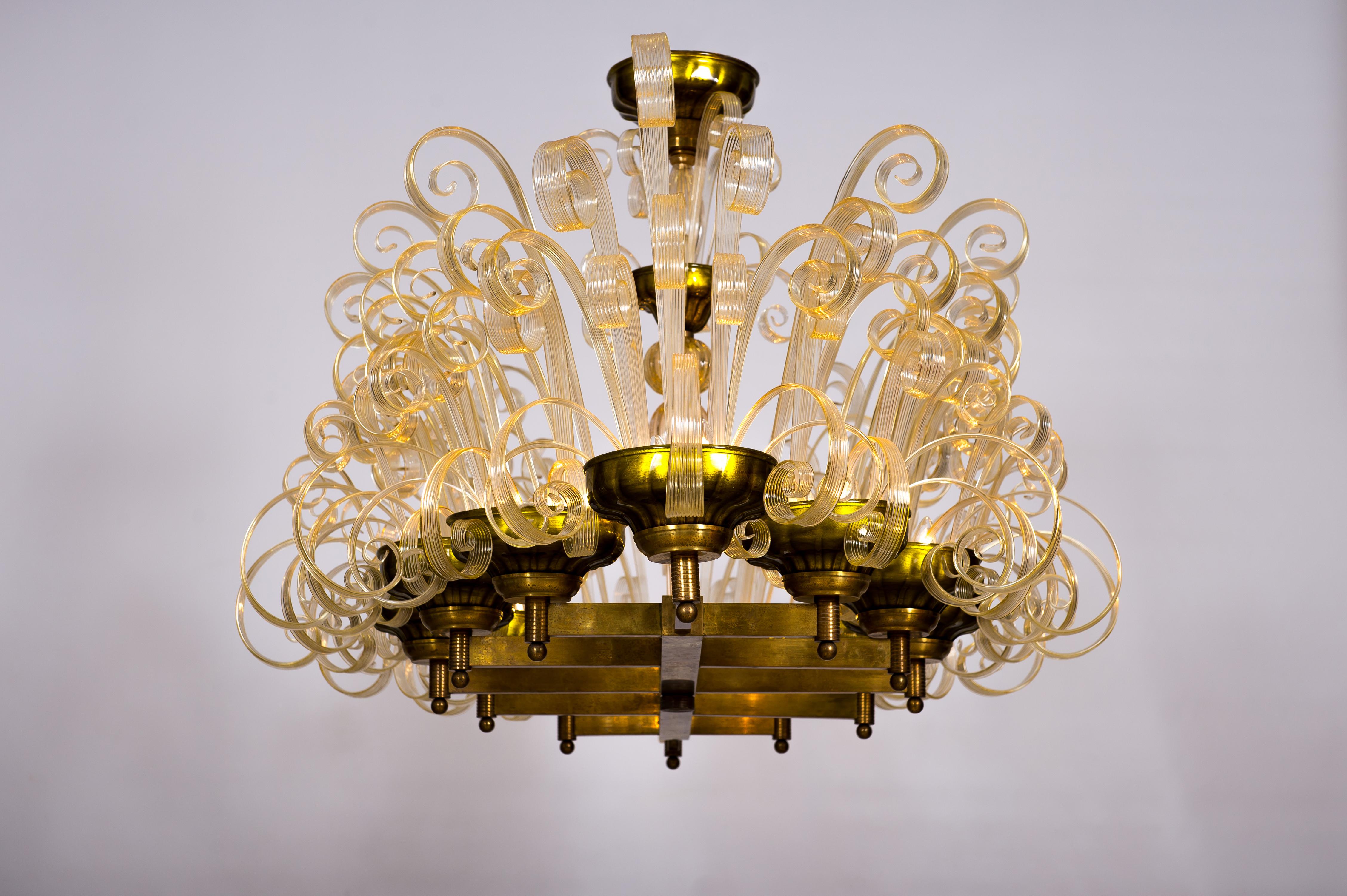 Brass Chandelier with Crosiers in Clear Murano Glass and Golden Leaf Italy 1970s For Sale 7