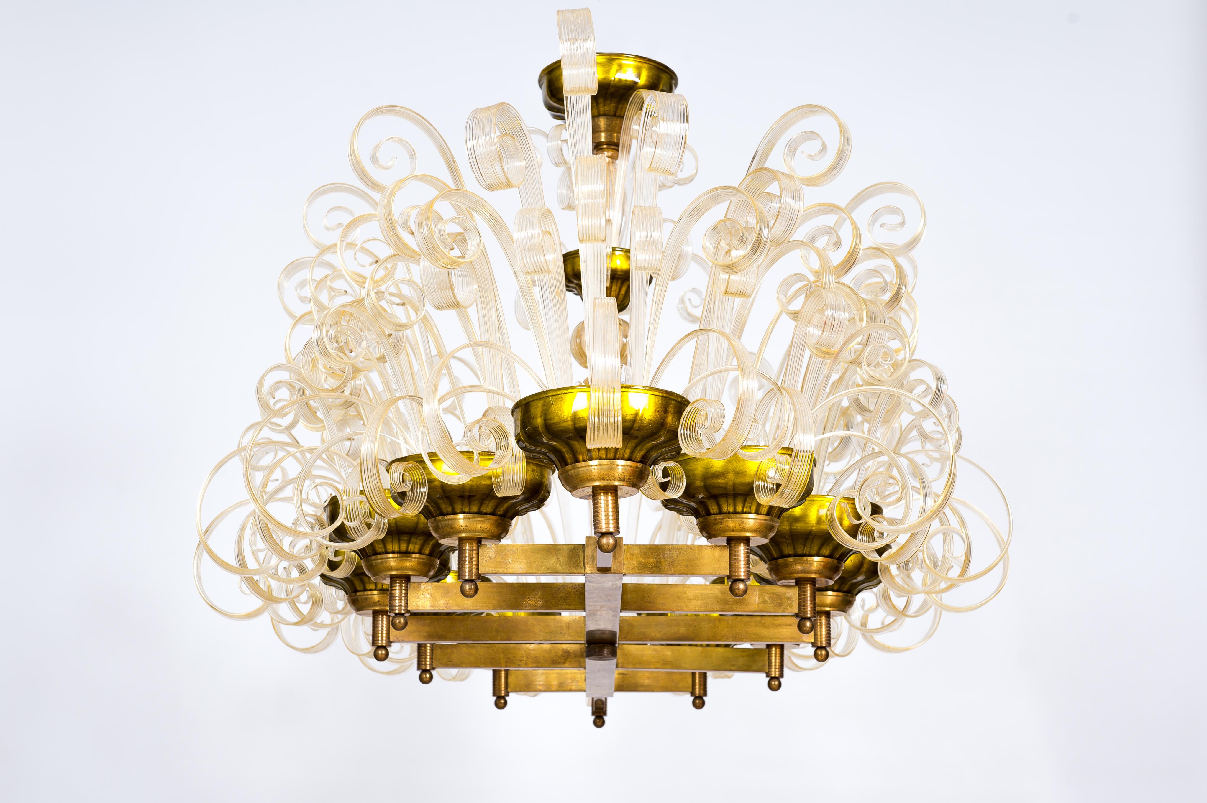 Brass Chandelier with Crosiers in Clear Murano Glass and Golden Leaf Italy 1970s For Sale 11