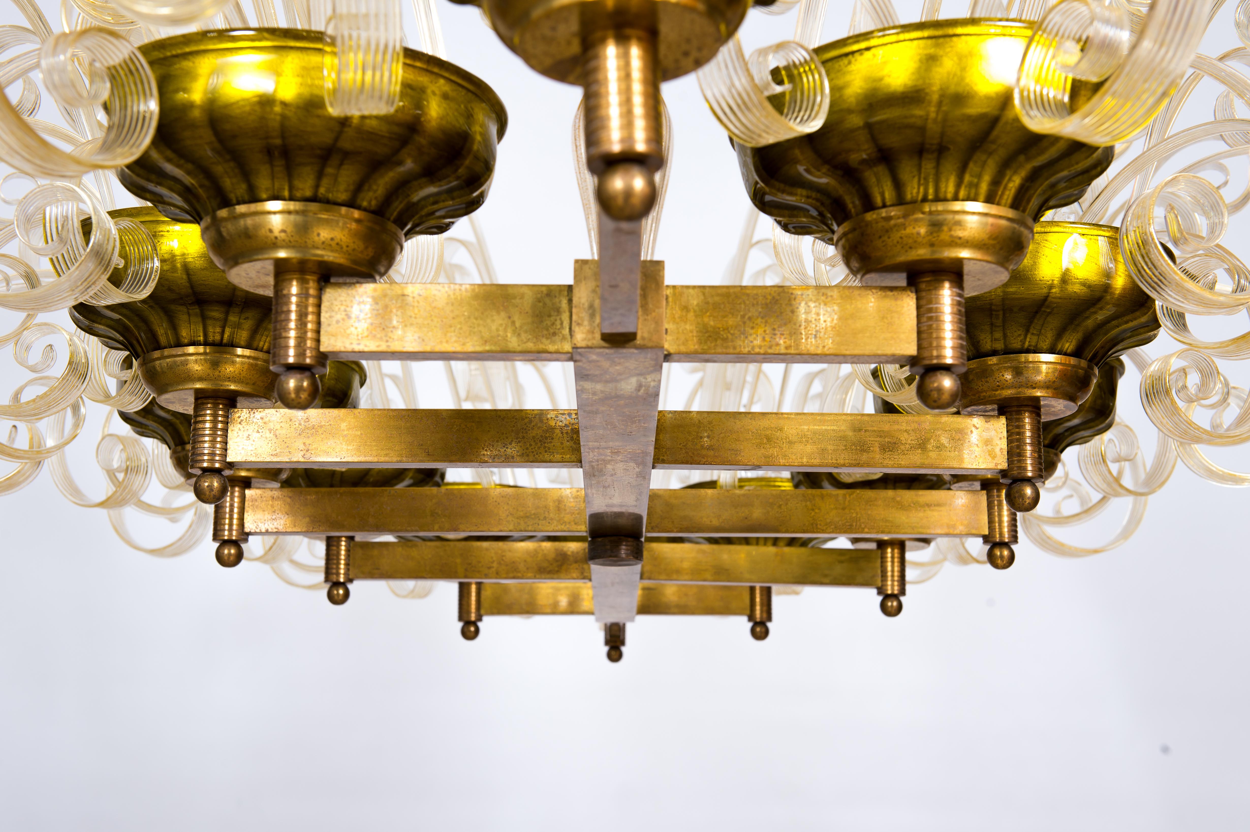 Brass Chandelier with Crosiers in Clear Murano Glass and Golden Leaf Italy 1970s For Sale 8