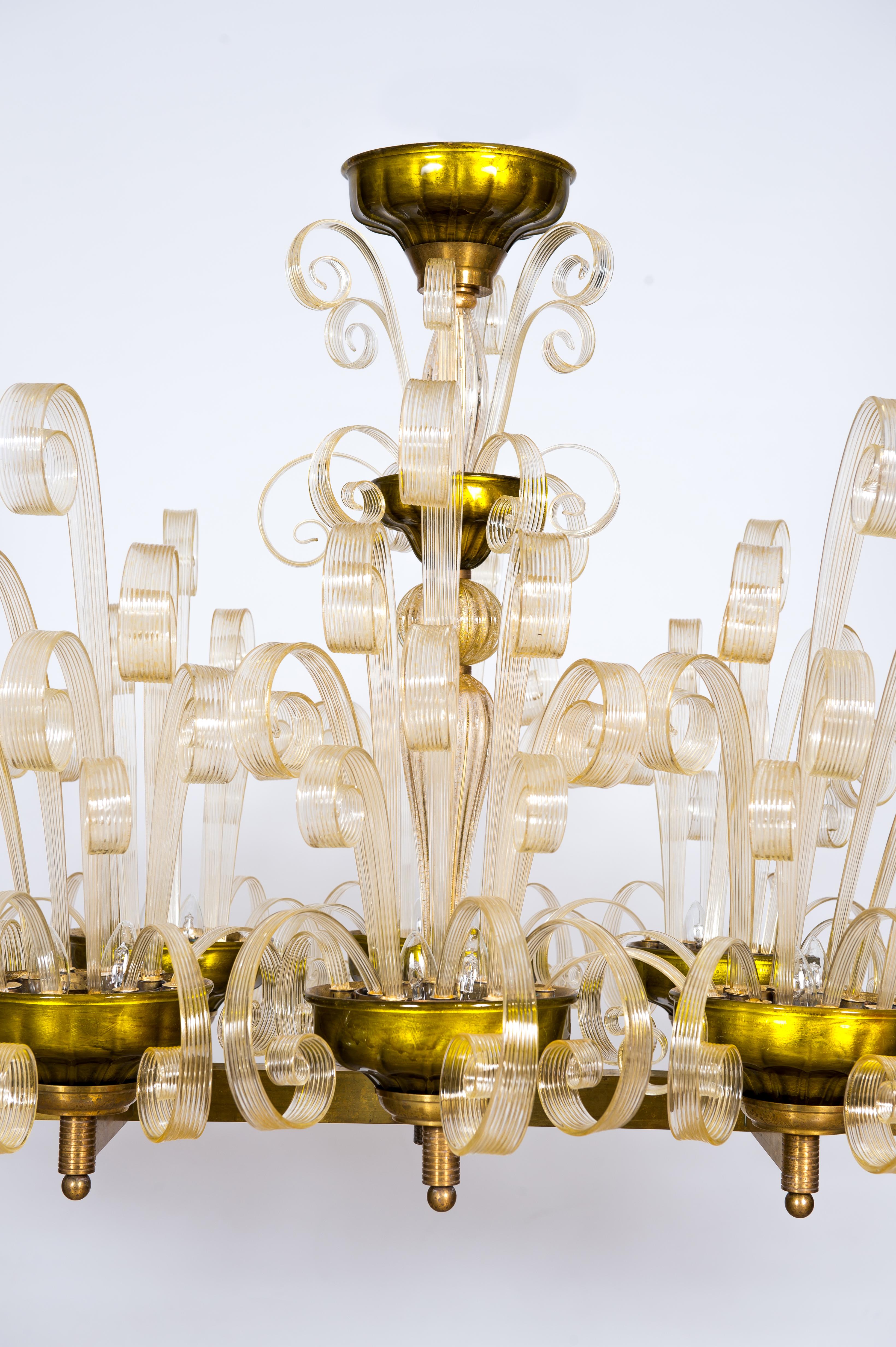 Art Deco Brass Chandelier with Crosiers in Clear Murano Glass and Golden Leaf Italy 1970s For Sale