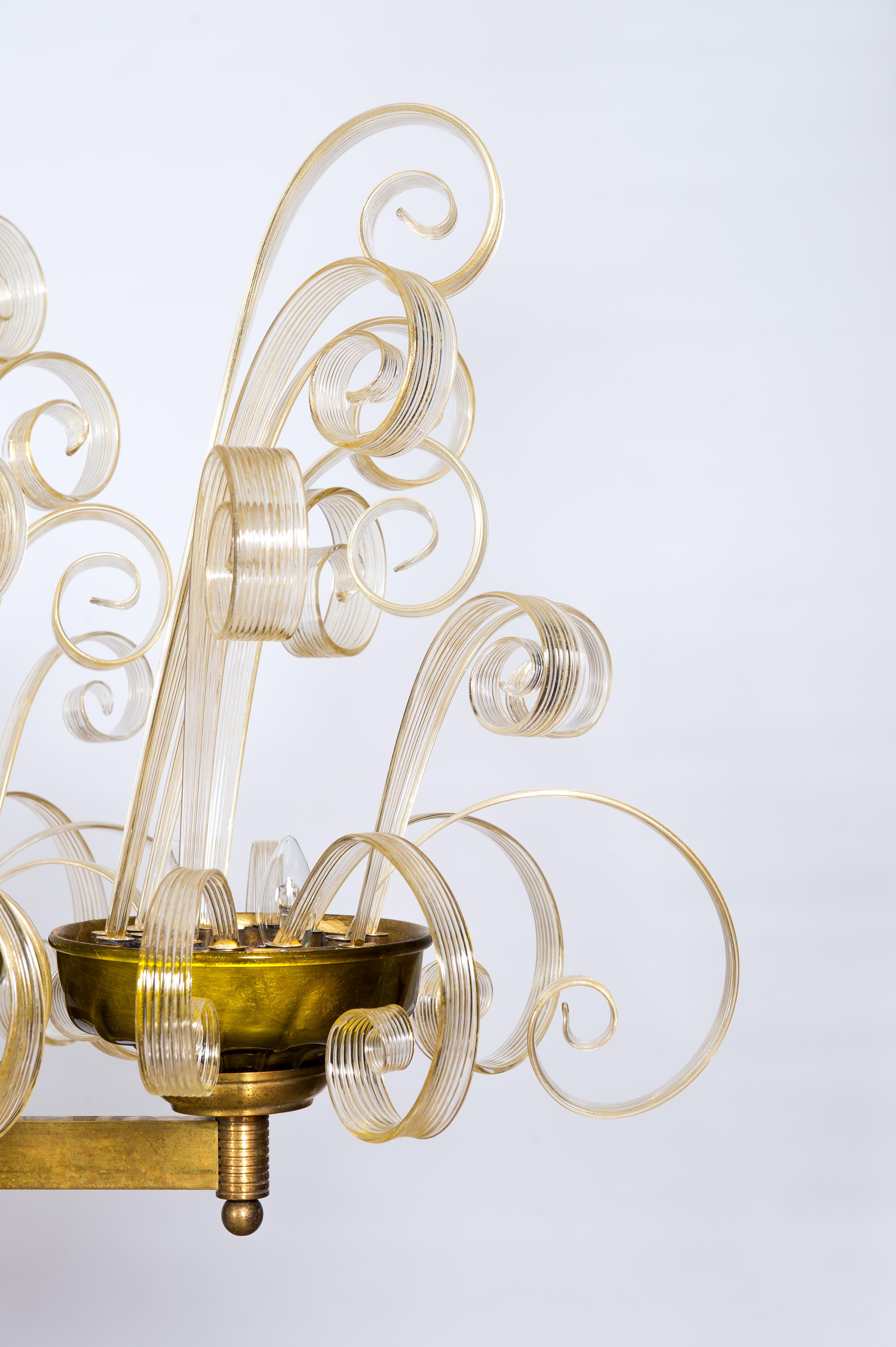 Italian Brass Chandelier with Crosiers in Clear Murano Glass and Golden Leaf Italy 1970s For Sale