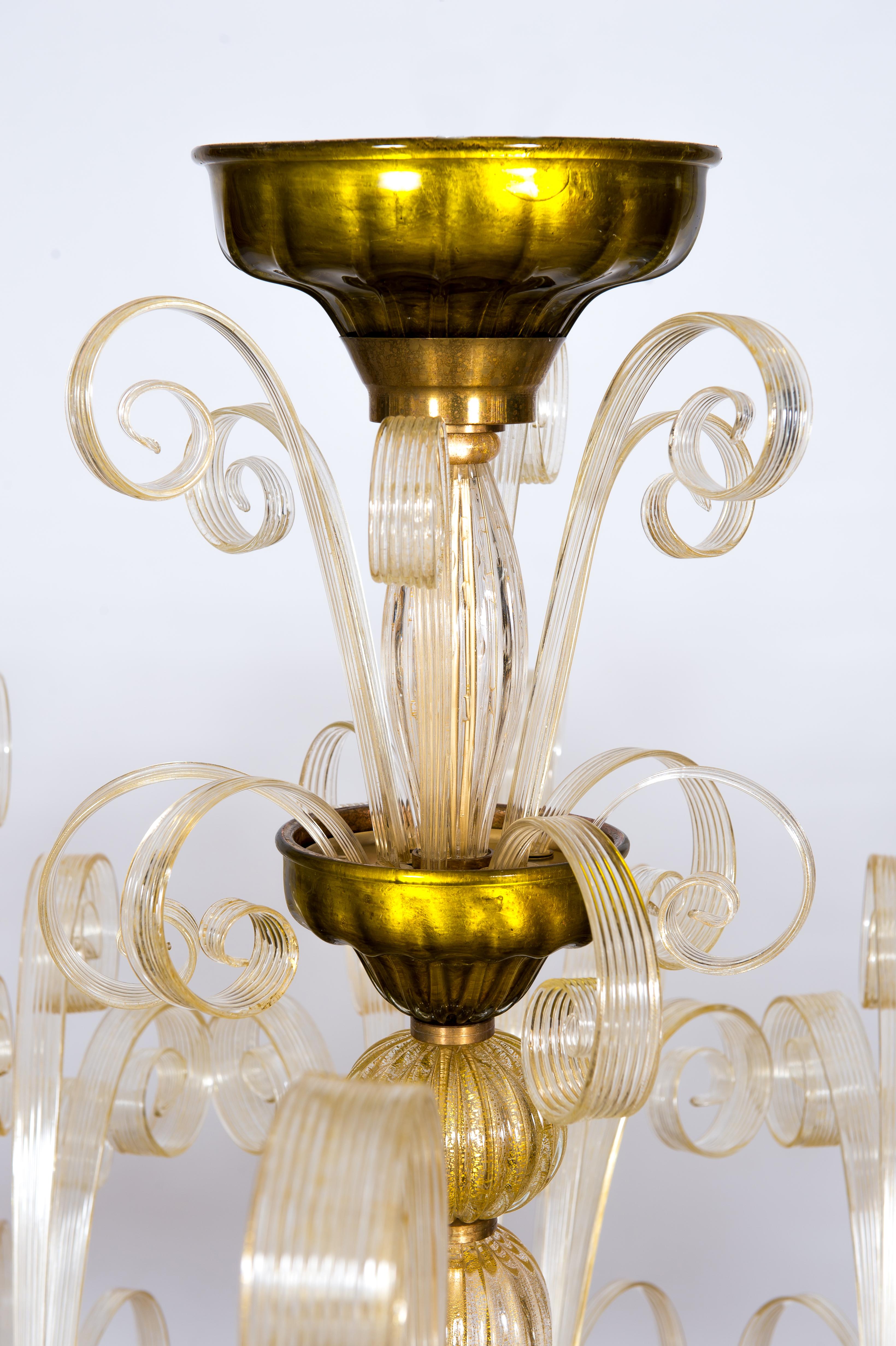 Hand-Crafted Brass Chandelier with Crosiers in Clear Murano Glass and Golden Leaf Italy 1970s For Sale
