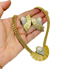 PASTPARK LANE firmado vintage oro perla diamantes de imitación collar de diseño pendientes