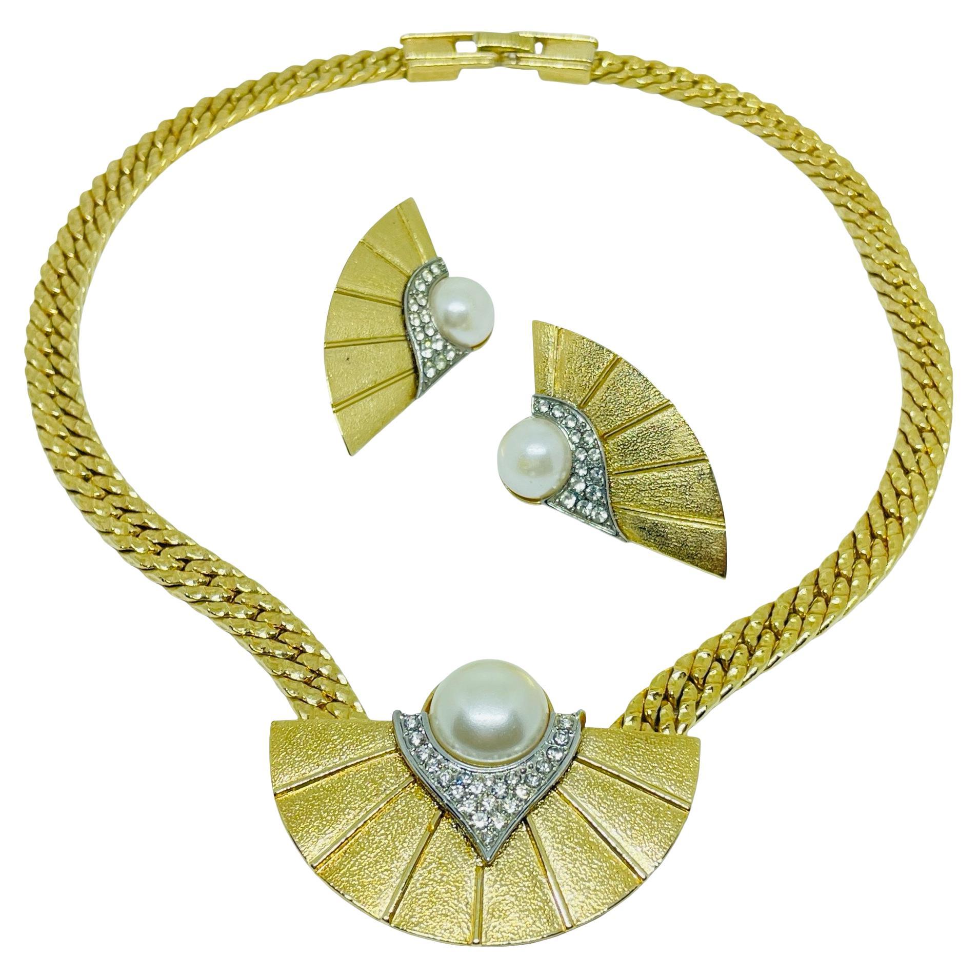 PASTPARK LANE firmato vintage oro perle strass designer collana orecchini