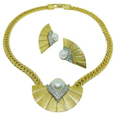 PASTPARK LANE firmado vintage oro perla diamantes de imitación collar de diseño pendientes
