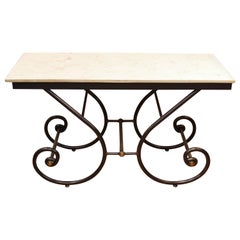 Retro Maitland Smith Pastry Table with Scrolled Iron Legs and Faux Marble Top