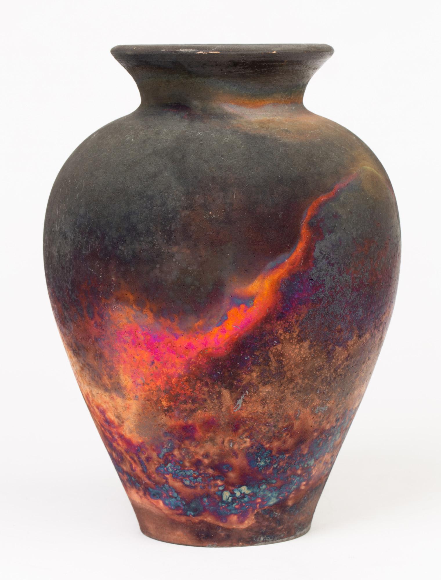 Pat Armstrong Copper Fumed Raku Glazed Studio Pottery Vase 4