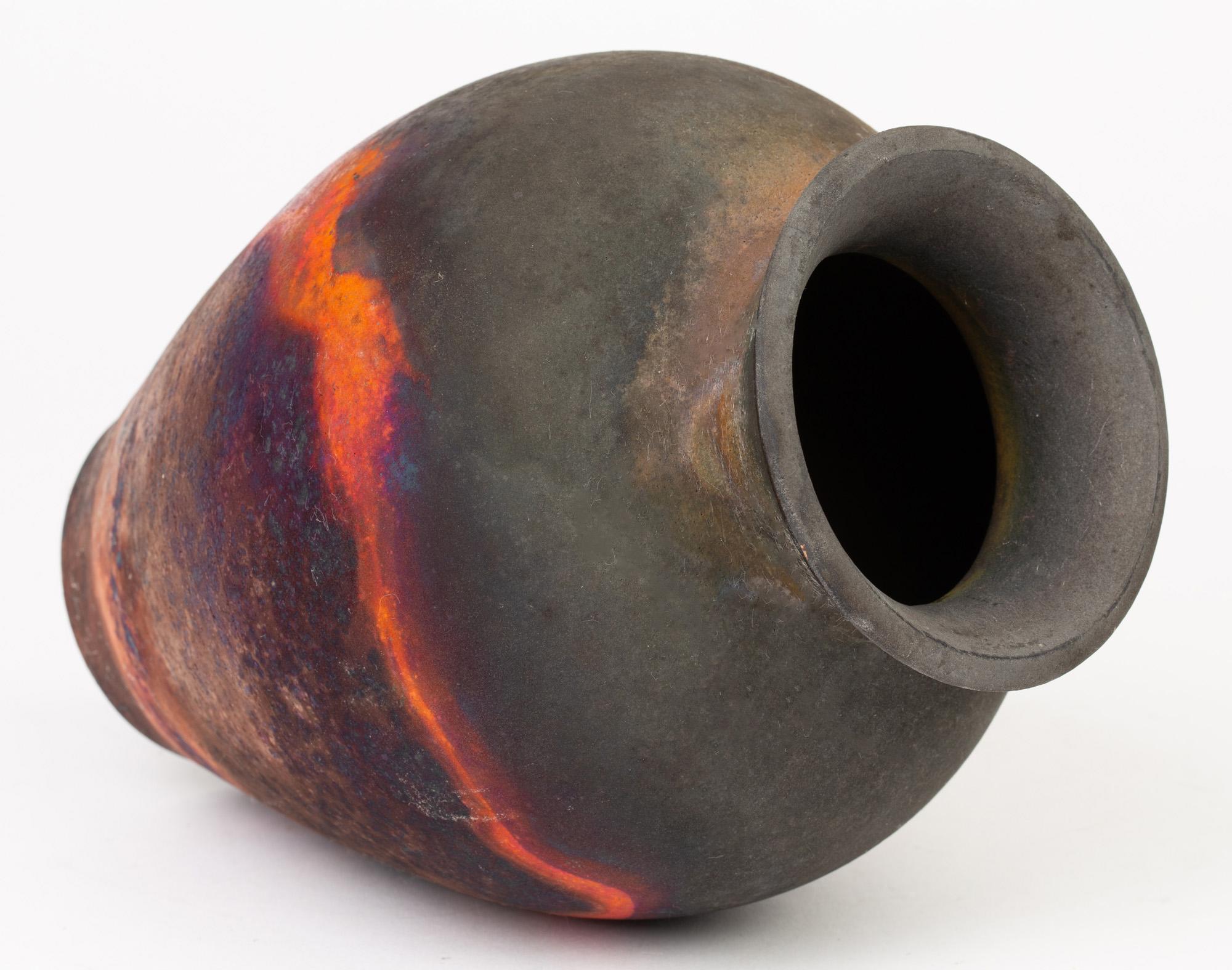 Modern Pat Armstrong Copper Fumed Raku Glazed Studio Pottery Vase