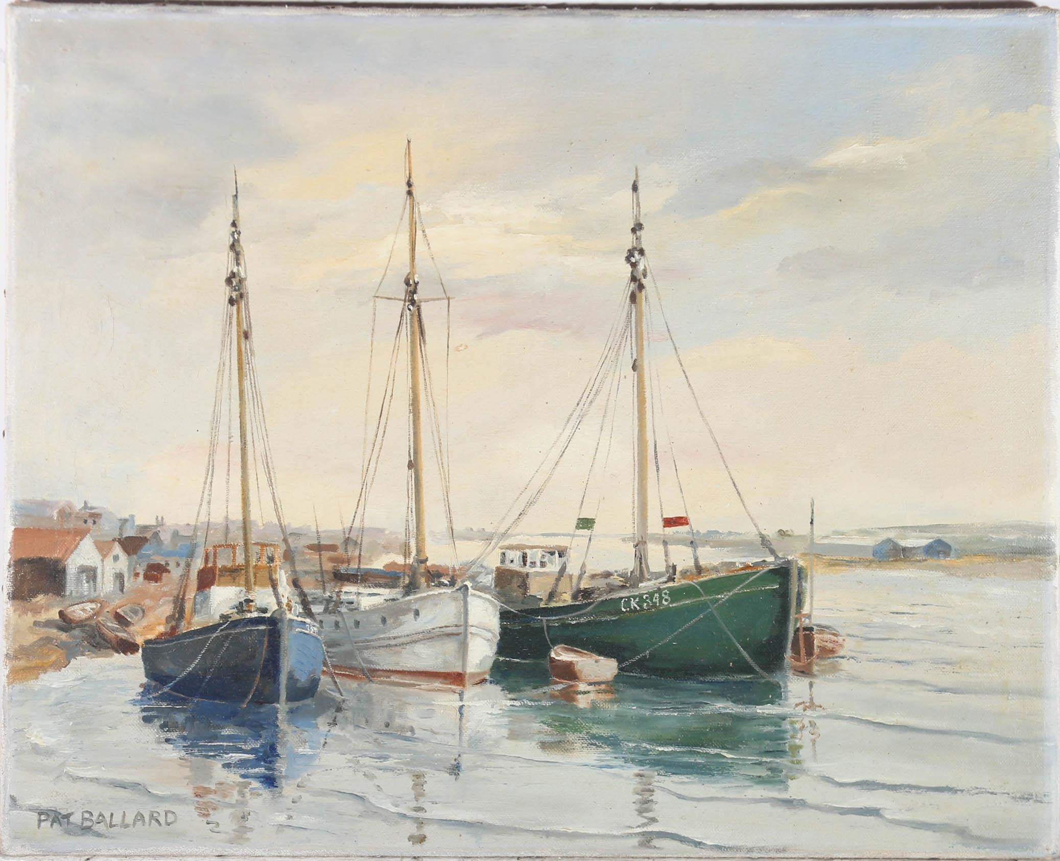 A calming oil seascape by Pat Ballard showing three fishing vessels moored in rippling sea water. Signed to the lower left. With a Southend on Sea Art Society label verso. On canvas on stretchers.
