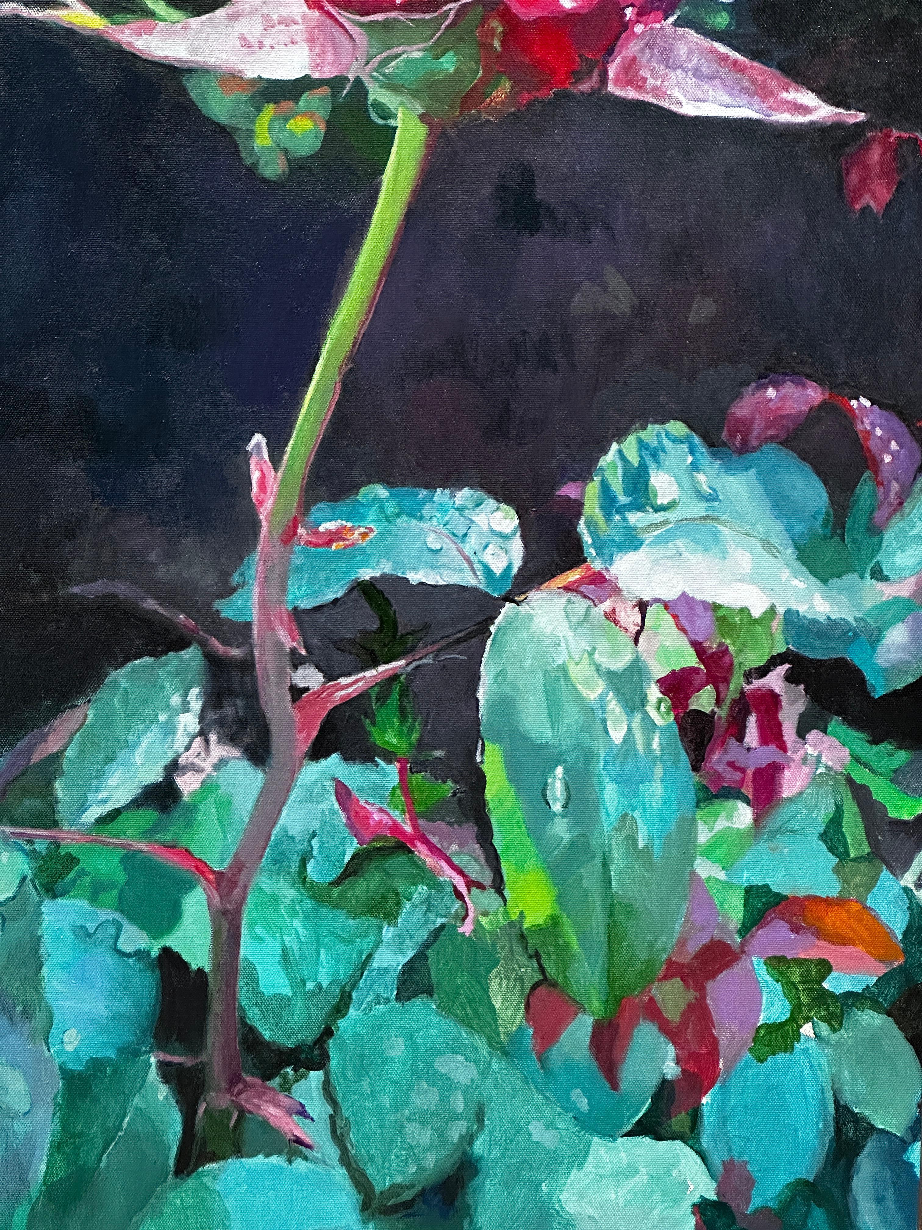 The oil painting on canvas by Pat Berger depicts a tall red rose rising above its leaves. 
Berger is renowned for her ability to connect viewers with the natural world. The bright red and green colors of the rose and the bush create a vivid contrast