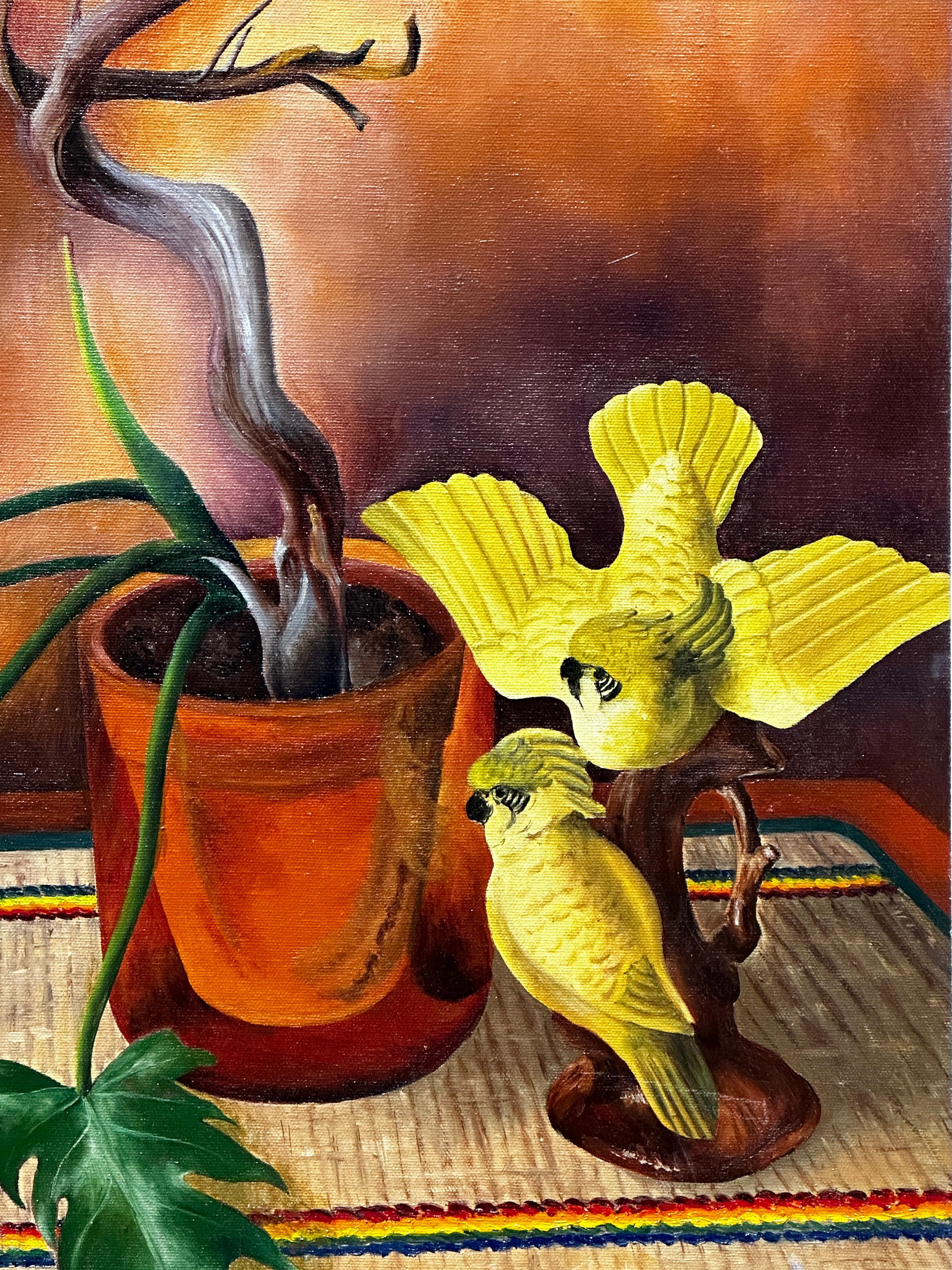 „Zwei gelbe Parakeets und die überlebende Pflanze“  Ölgemälde von Pat Berger im Angebot 3