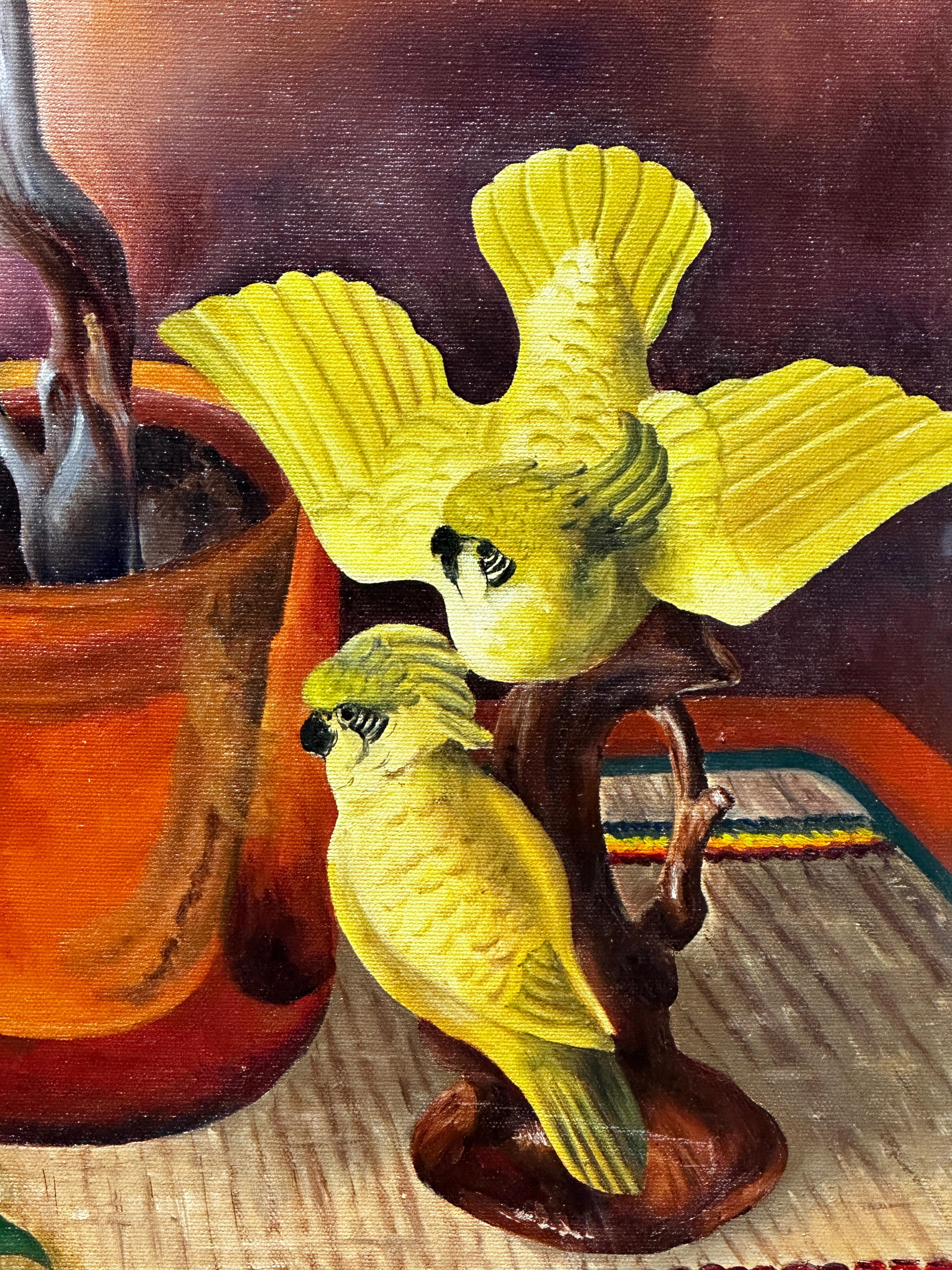 „Zwei gelbe Parakeets und die überlebende Pflanze“  Ölgemälde von Pat Berger im Angebot 4