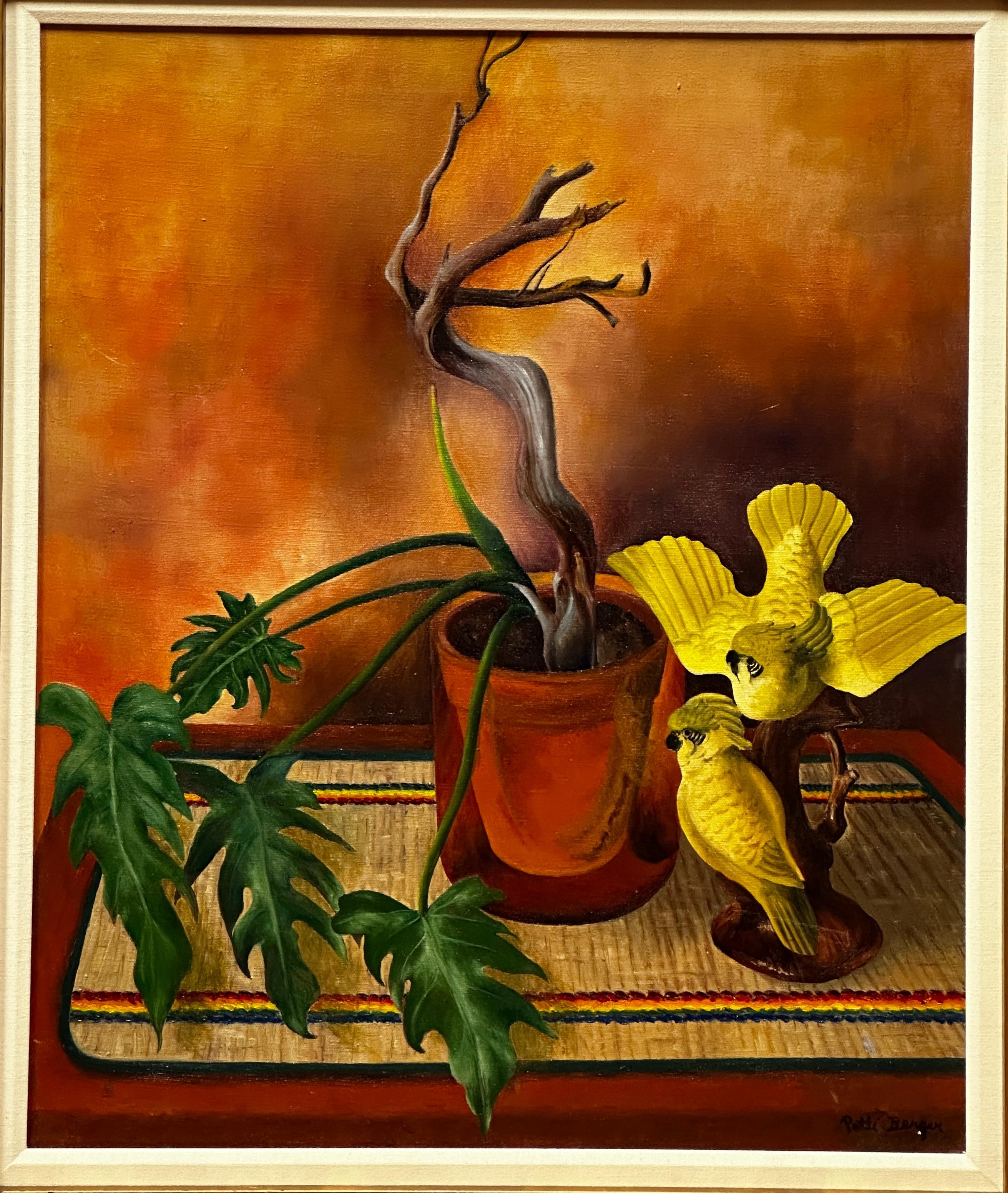 „Zwei gelbe Parakeets und die überlebende Pflanze“  Ölgemälde von Pat Berger im Angebot 1