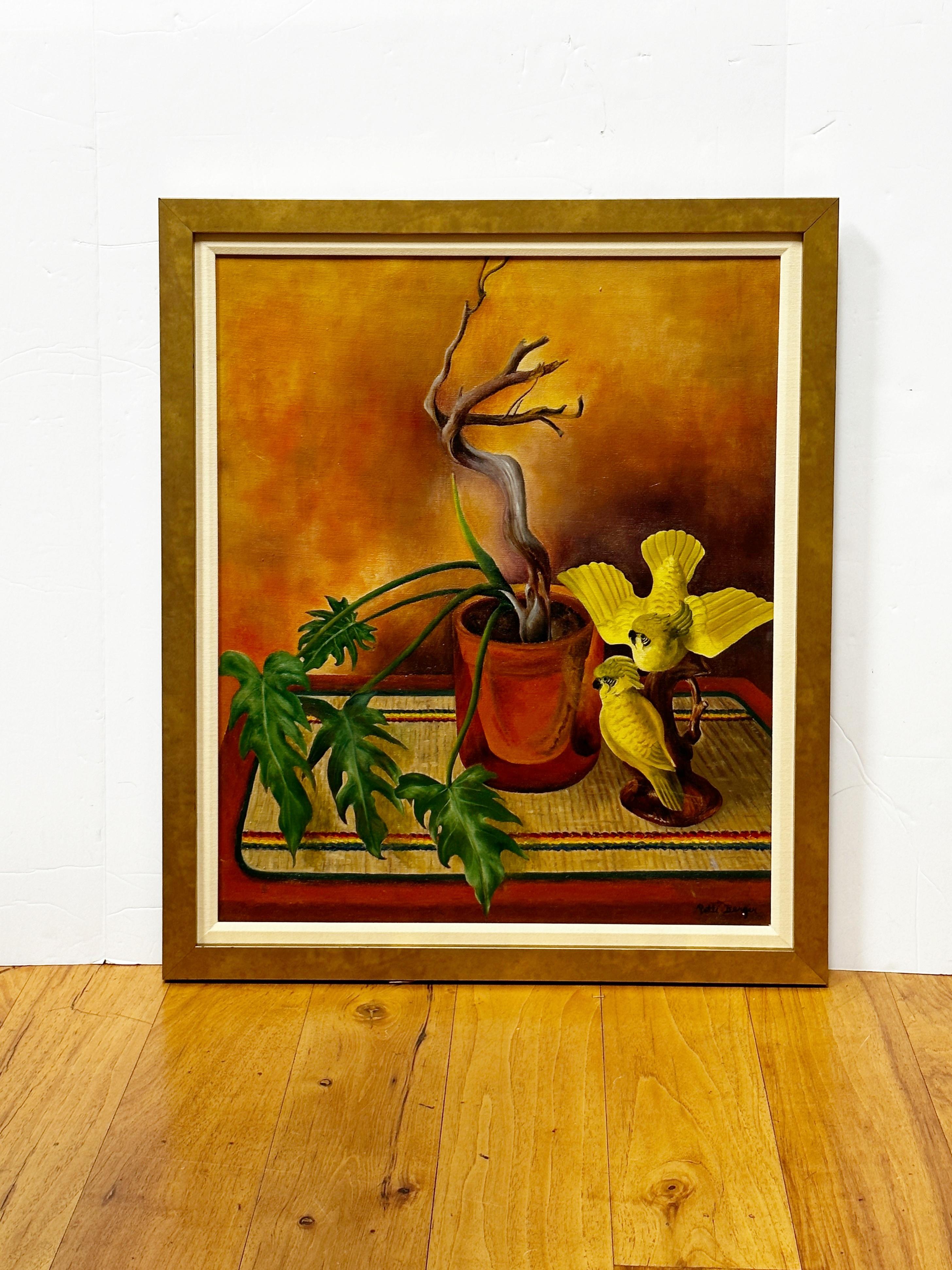 „Zwei gelbe Parakeets und die überlebende Pflanze“  Ölgemälde von Pat Berger im Angebot 2