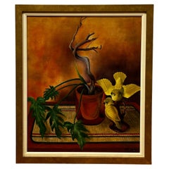 "Deux perruches jaunes et la plante survivante"  Peinture à l'huile de Pat Berger