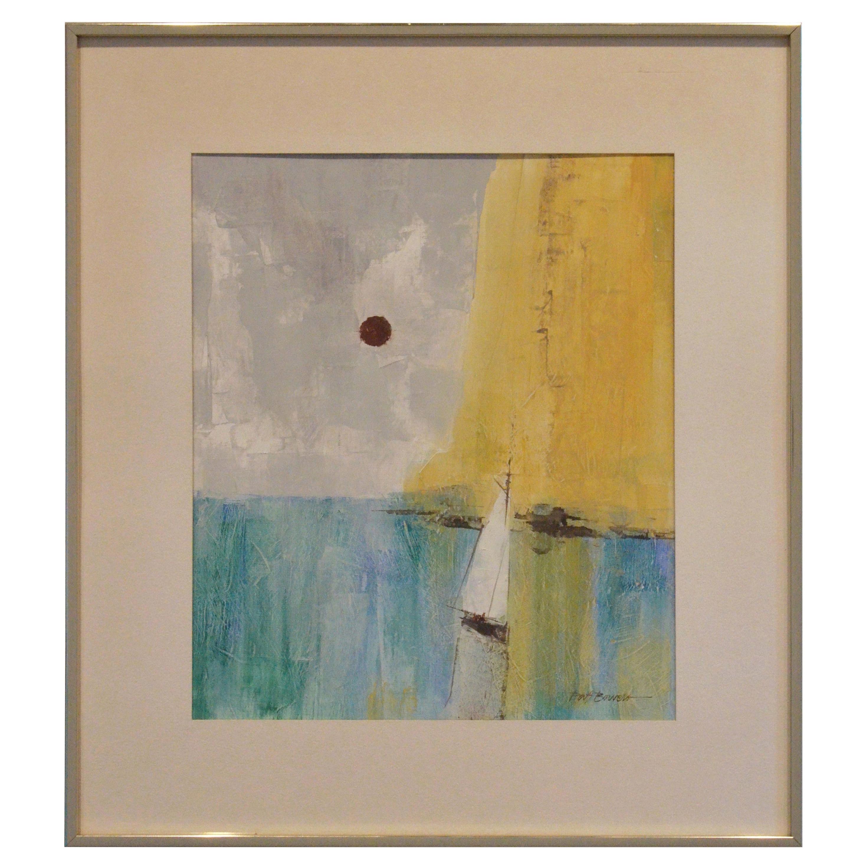 Pat Bowers Seascape Blue, Green & Yellow Mixed-Media Abstract Painting on Paper For Sale