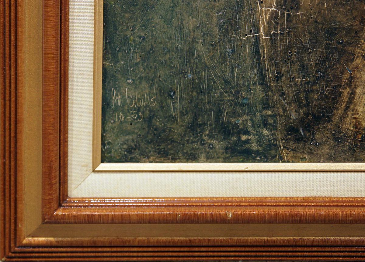 Piccolo ritratto astratto longitudinale di una donna incinta di tonalità scura - Painting Astratto di Pat Colville
