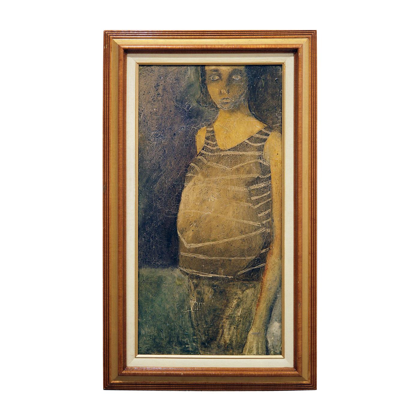 Portrait Painting Pat Colville - Petit portrait abstrait longitudinal aux tons foncés d'une femme en phase prégnante