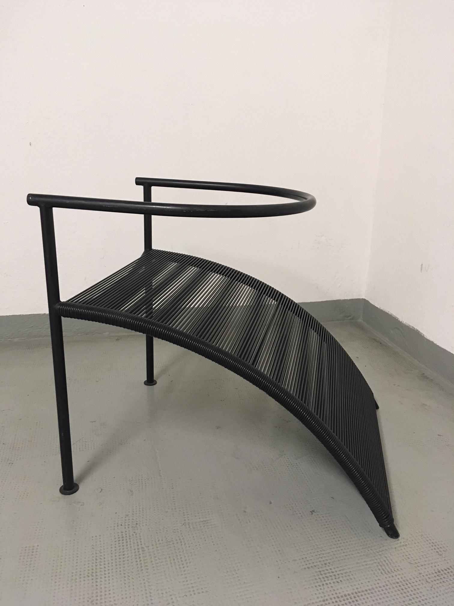 Pat Conley 1 chair by Philippe Starck produced by XO, France, circa 1983.
Black lacquered metal frame and black vinyl straps seat.
Good condition.