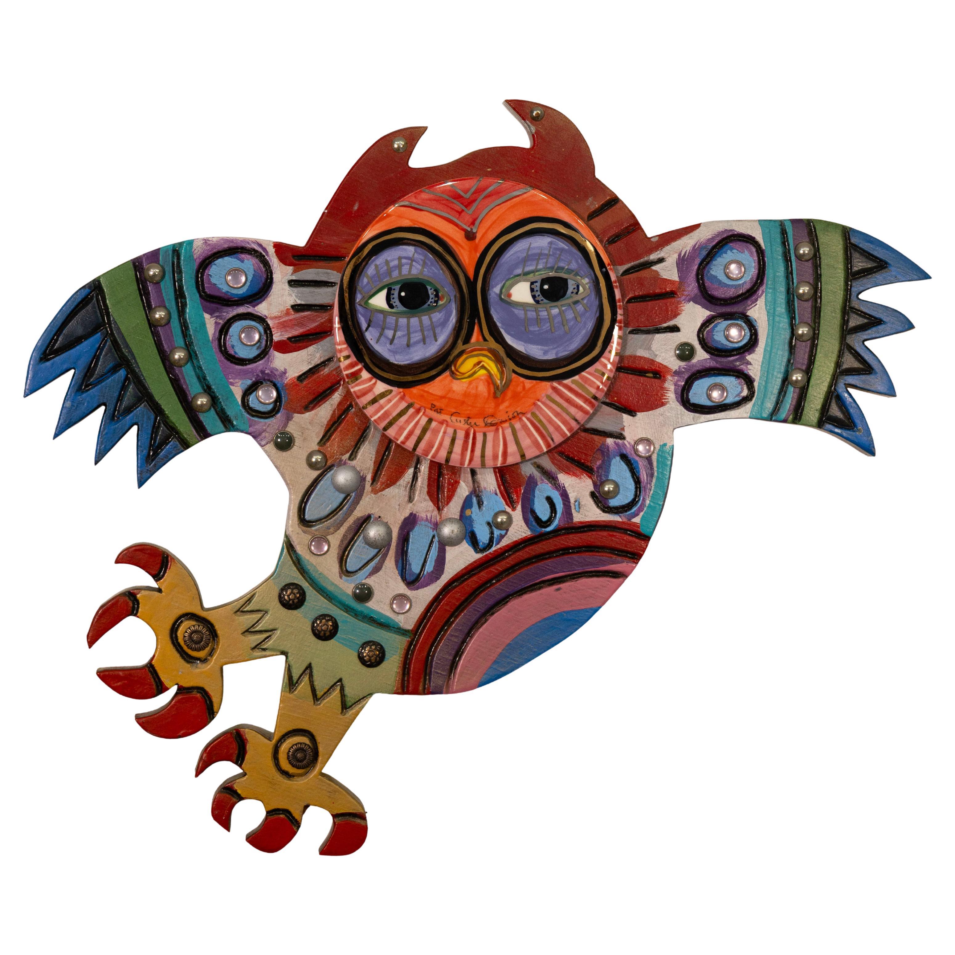 Pat Custer Denison Mixed Media Hanging Folk Art Owl