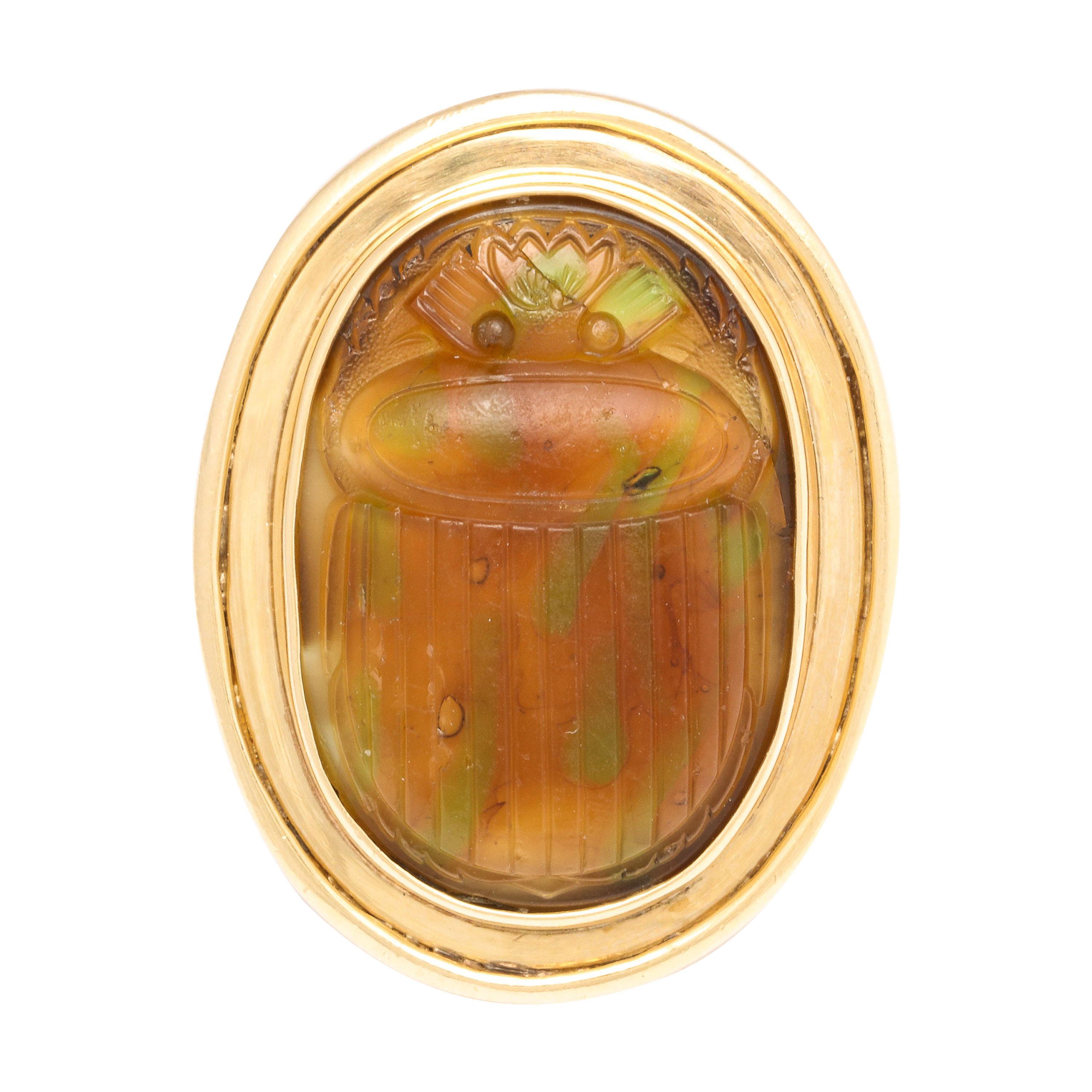 Pat de Verre Scarab in Massive 14kt Yellow Gold Mounting For Sale