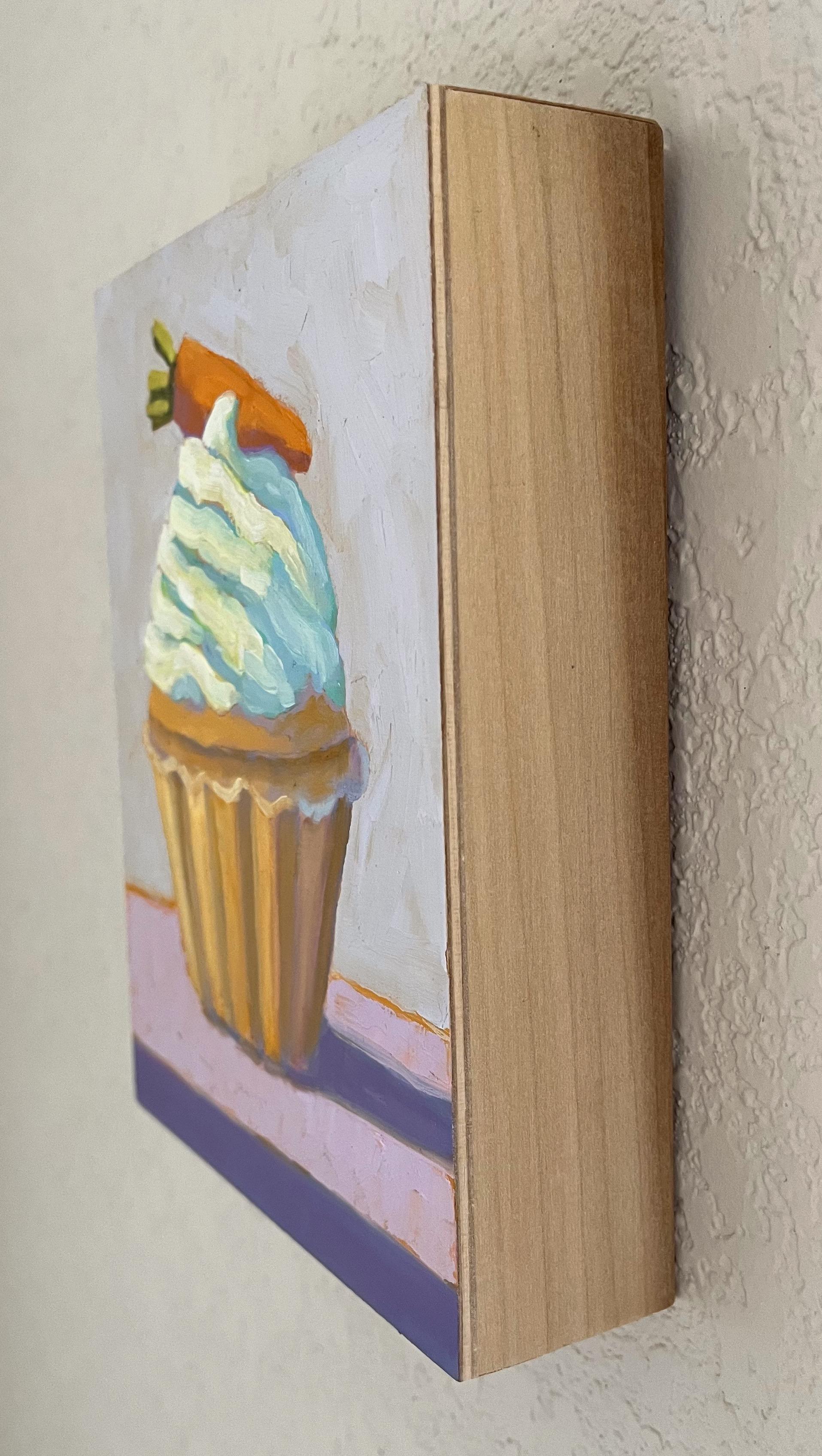 <p>Artist Comments<br>A carrot cupcake with cream cheese frosting, topped with marzipan, serves as a delightful treat in this still-life painting. Artist Pat Doherty draws inspiration from her background as a former commercial art director and
