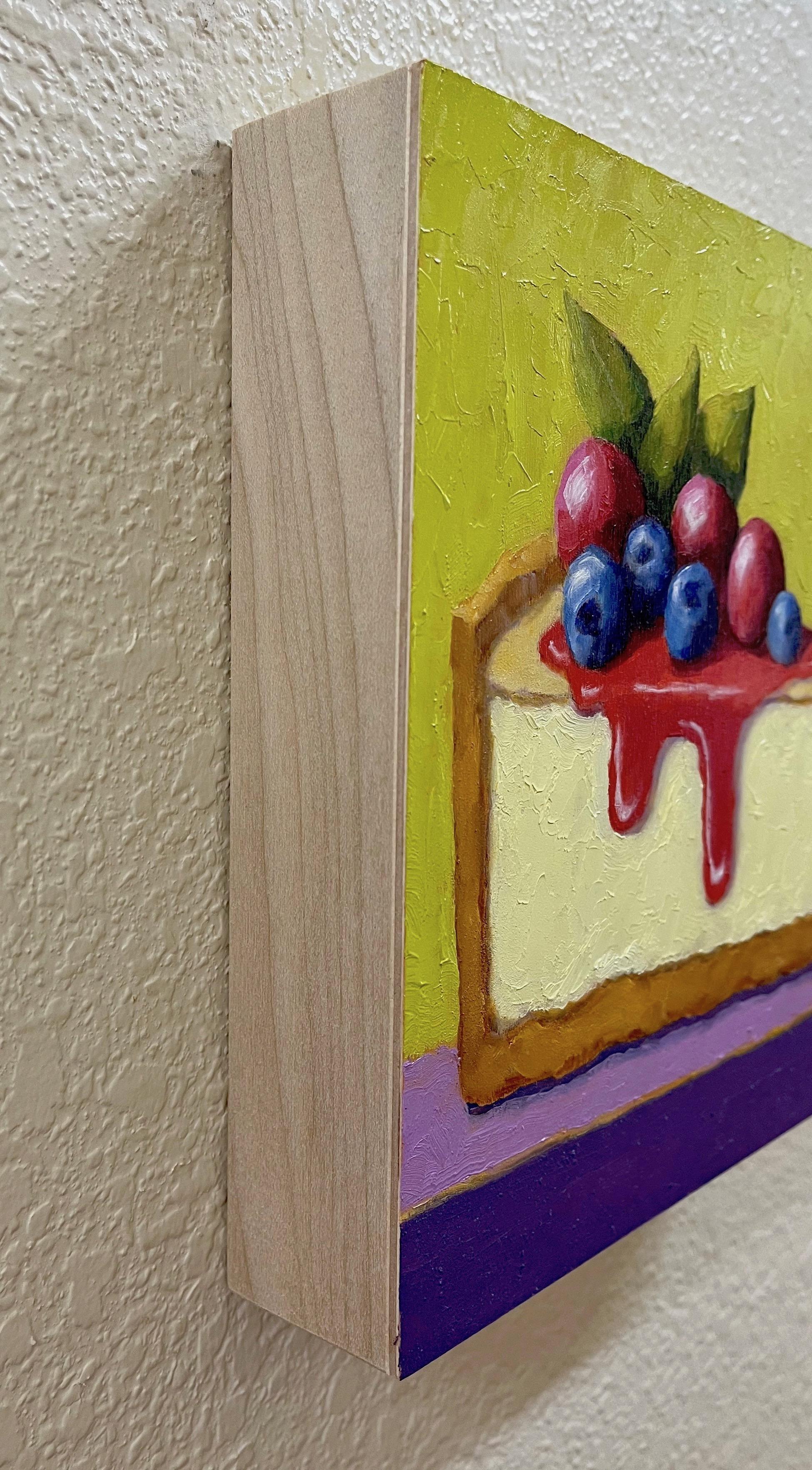 <p>Artist Comments<br>This still-life painting features a slice of cheesecake topped with plump blueberries and cherries. Against a vibrant background, the delectable texture and rich colors of the crumbly crust, silky filling, sweet syrup, and