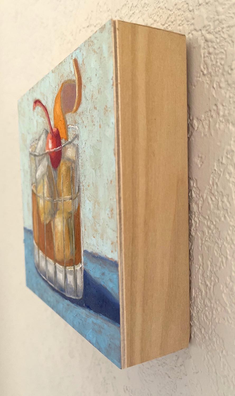 <p>Artist Comments<br>A scotch on the rocks with a cherry and orange twist invites leisure and relaxation. Set against a background with visible brushstrokes, the cocktail glass exudes elegance. The artwork emphasizes a harmonious composition while