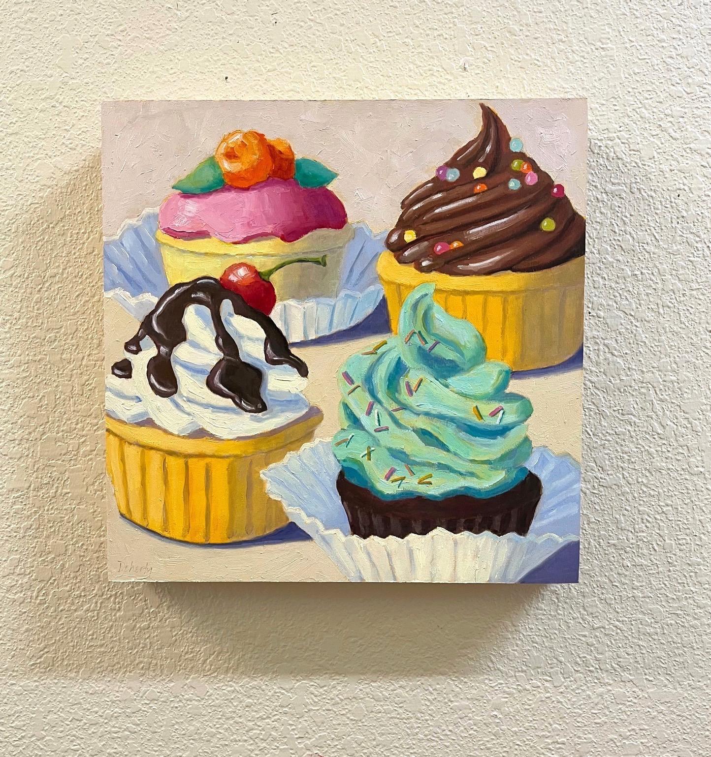 Vier Cupcakes, Ölgemälde (Zeitgenössisch), Painting, von Pat Doherty