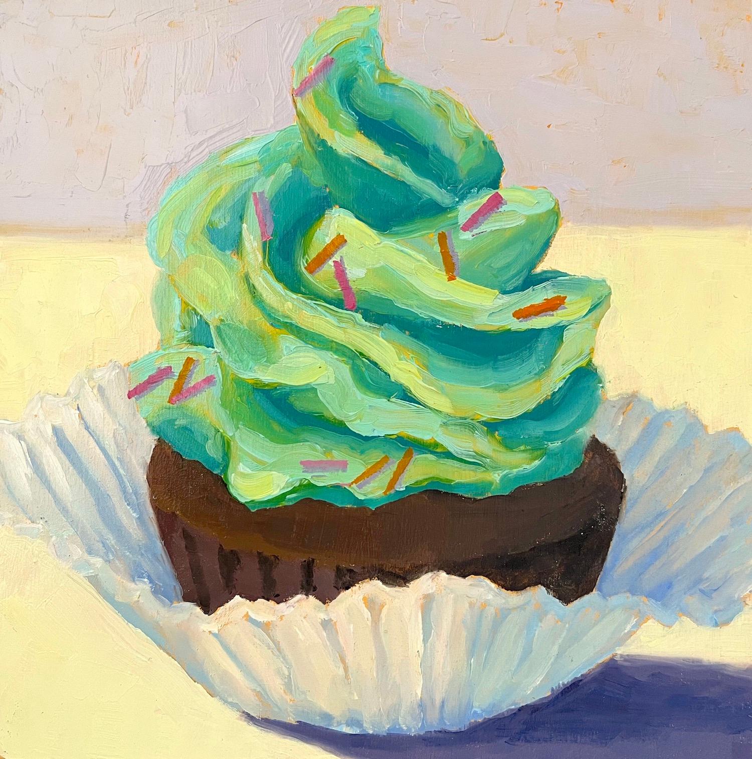 Pat Doherty Still-Life Painting - Mint Chocolate Cupcake, Oil Painting