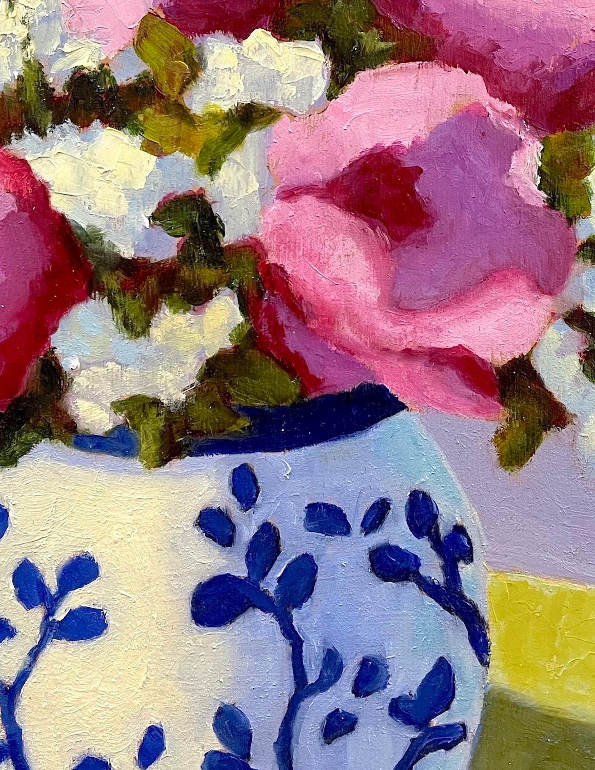 <p>Artist Comments<br />Pink peonies and white blossoms fill a blue and white ceramic vase. A soft purple background contrasts with a green surface, creating a lively and charming scene. Artist Pat Dohery balances the elements in the composition to