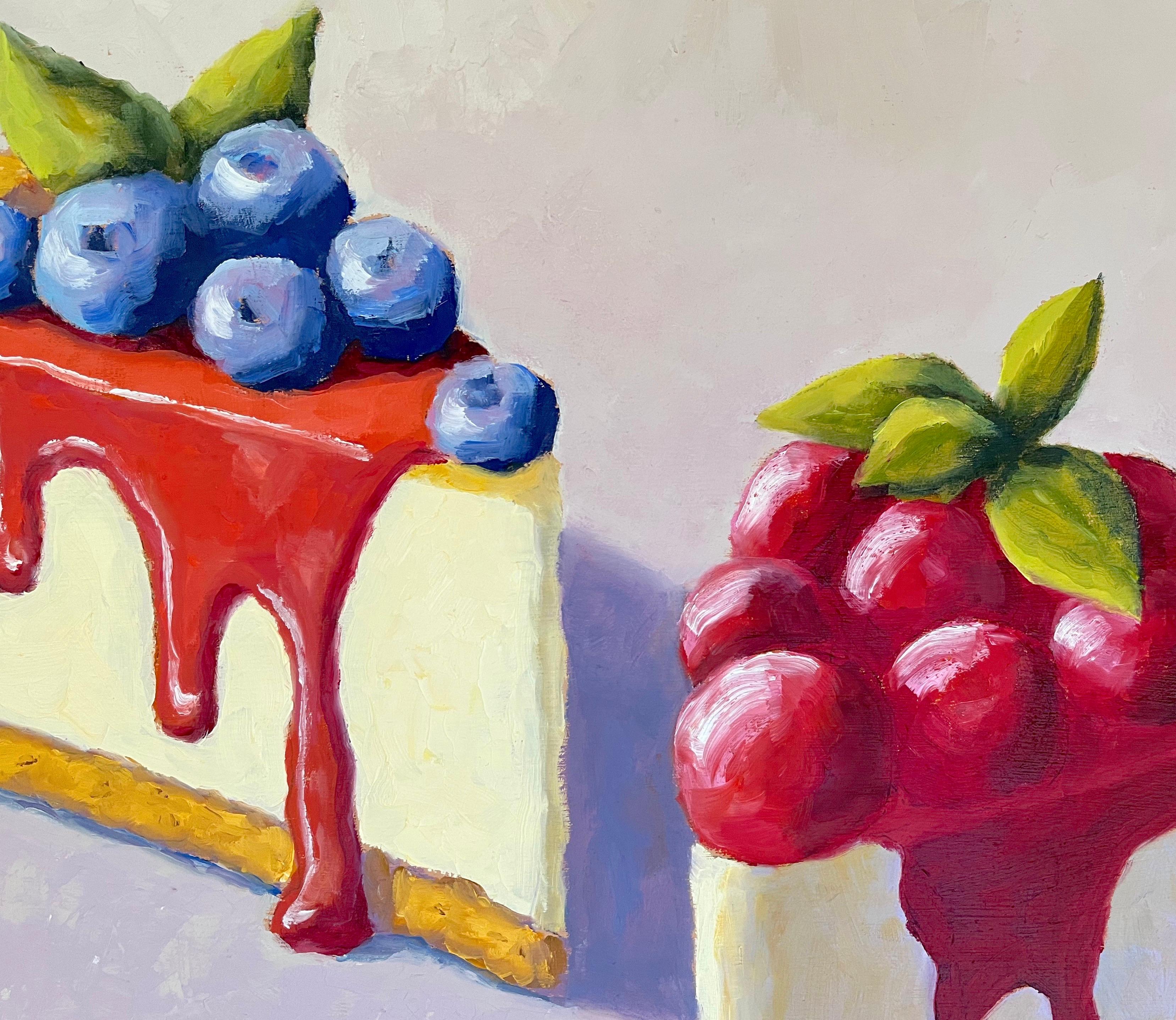Two Slices of Cheesecake, Oil Painting - Gray Still-Life Painting by Pat Doherty