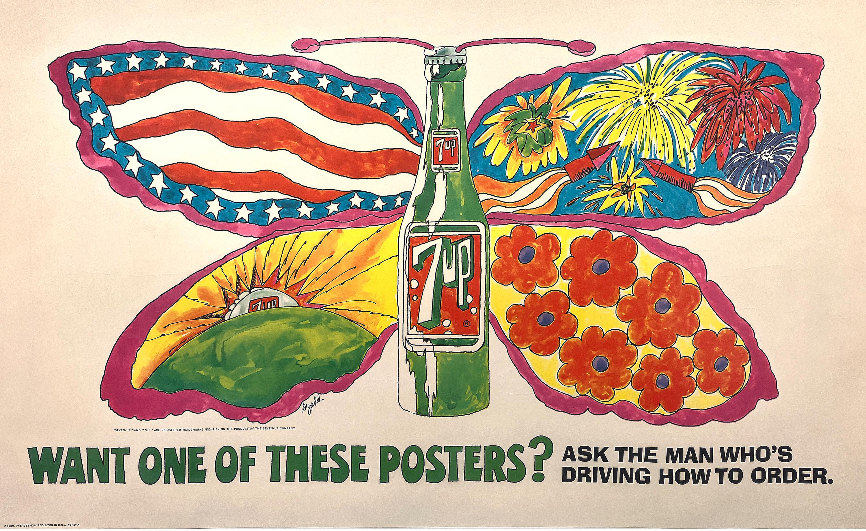This vibrant psychedelic poster for 7Up transforms a simple soda bottle into the body of a butterfly, its wings exploding with bold color and symbolic imagery. Each wing panel carries its own message: the American flag on one side, fireworks on