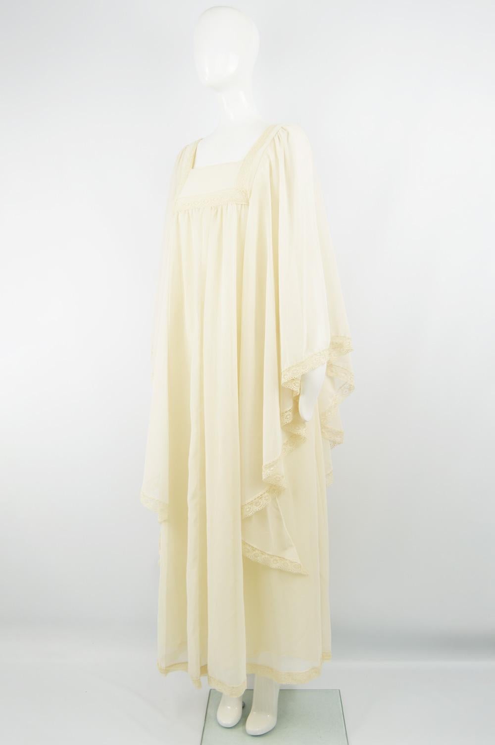 Beige Pat Farrell Vintage 1970s Lace Trim Maxi Angel Sleeve Bohemian Wedding Dress