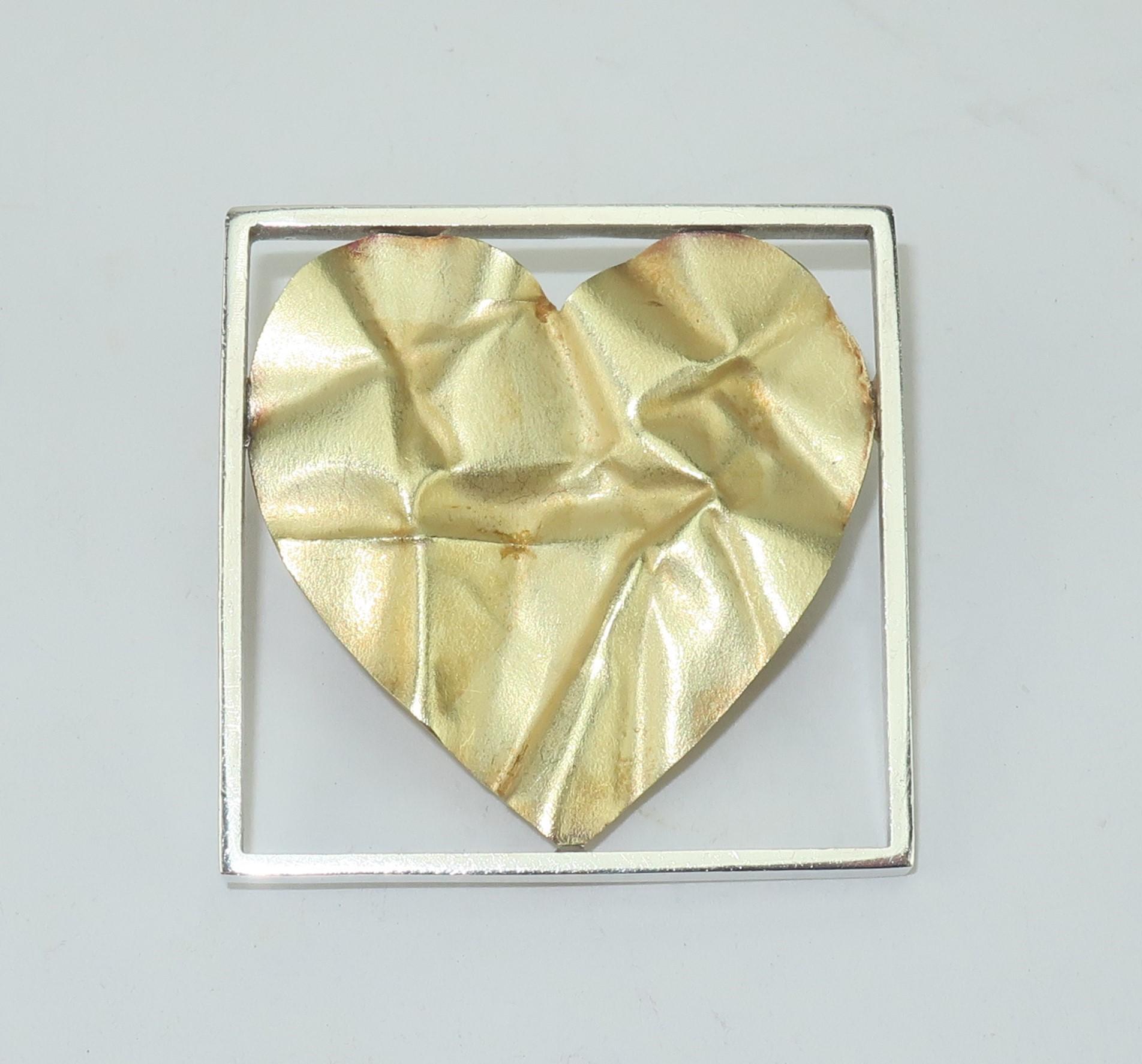 Pat Flynn 18K Gold & Sterling Silver Crumpled Heart Brooch In Good Condition In Atlanta, GA