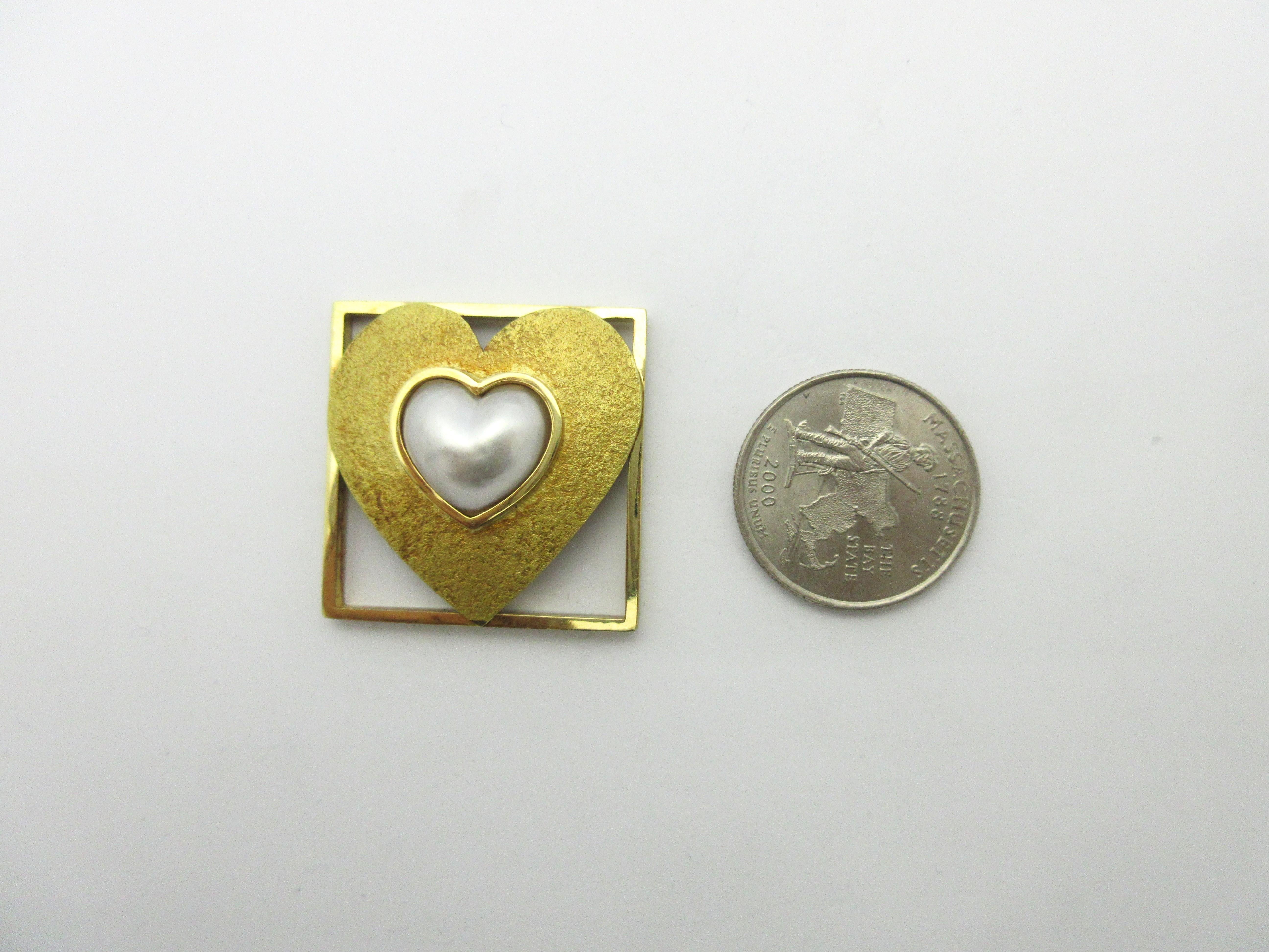 Modern Pat Flynn Heart Pin with Pearl 18 Karat Yellow Gold