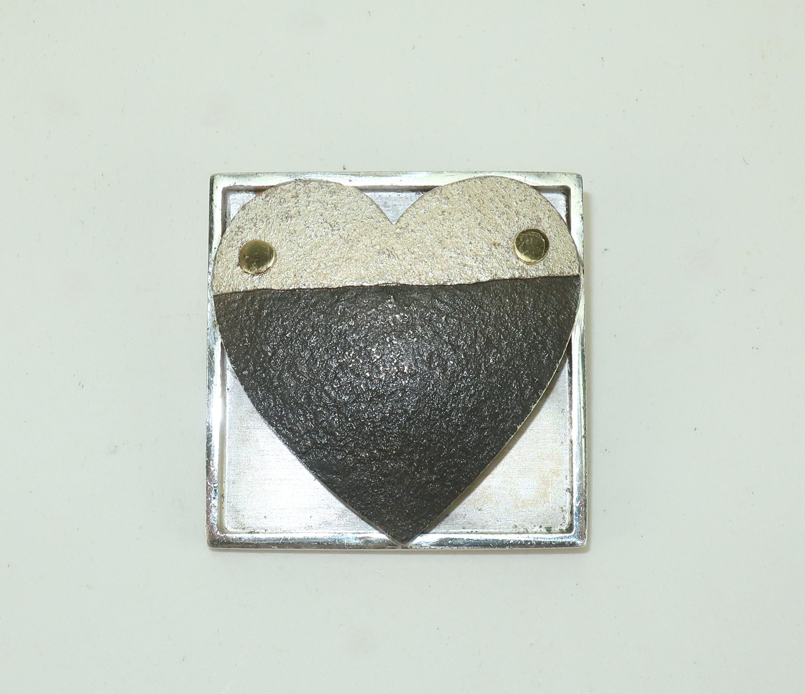 Modernist Pat Flynn Sterling, Nickel & 18K Heart Pin Brooch