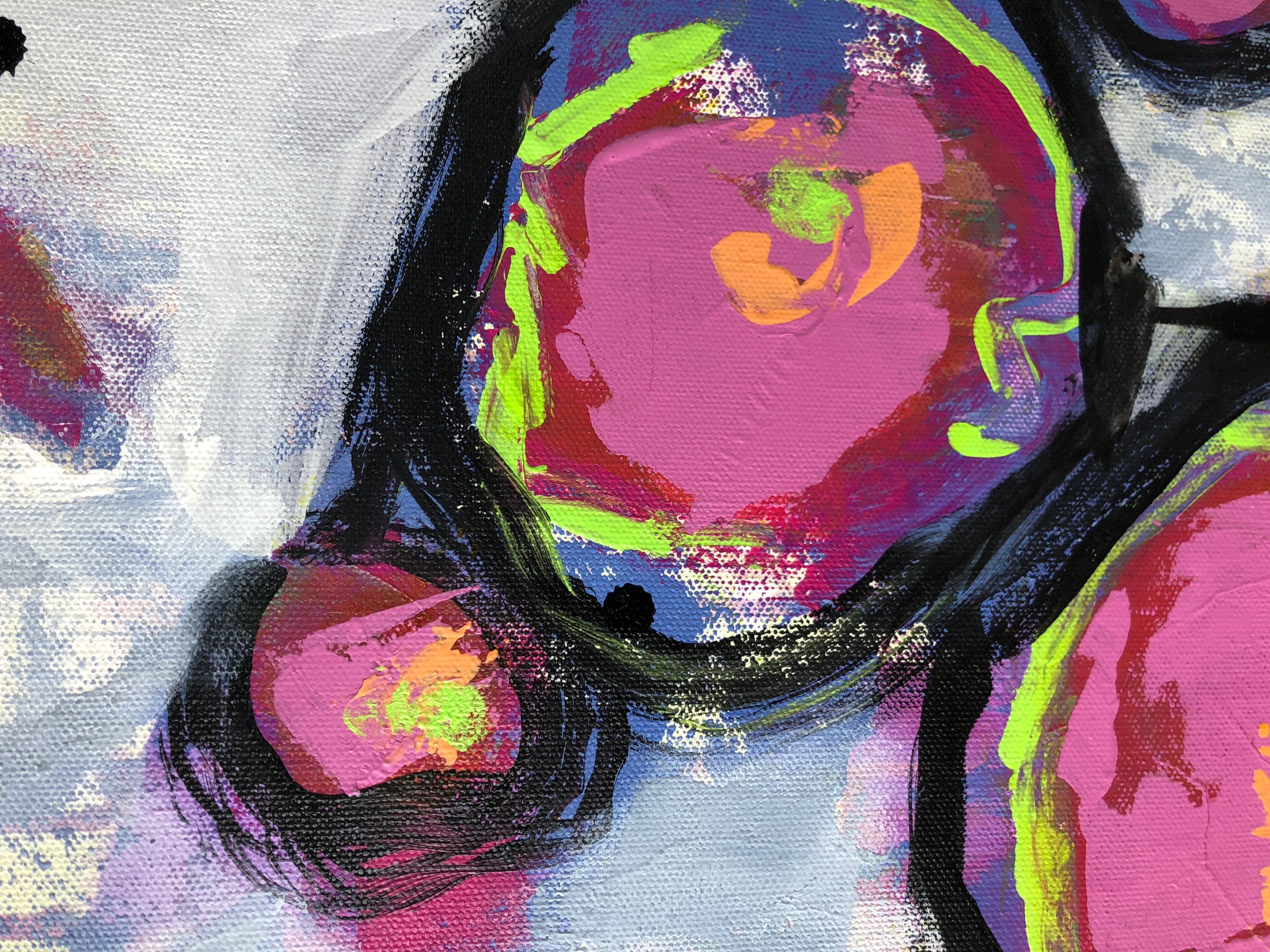 <p>Artist Comments<br />Abstract spring flowers created in Pat Forbes's signature modernist style. Lively blossoms in strokes of pink, red, purple, orange and green seemingly float on a lavender-grey background. 